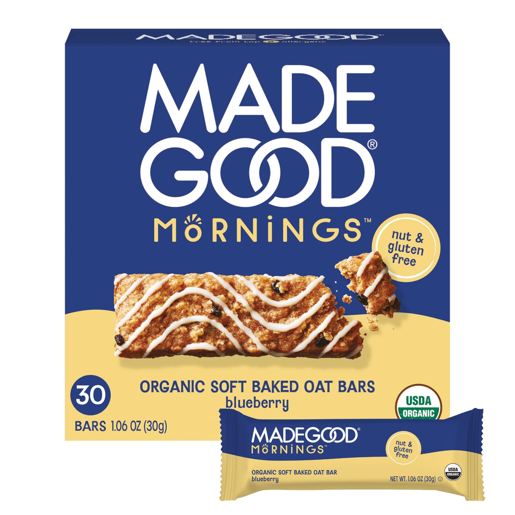 MadeGood Mornings Soft Baked Breakfast Bars, Blueberry, 1.06 Oz (30 Count) Gluten Free Snacks
