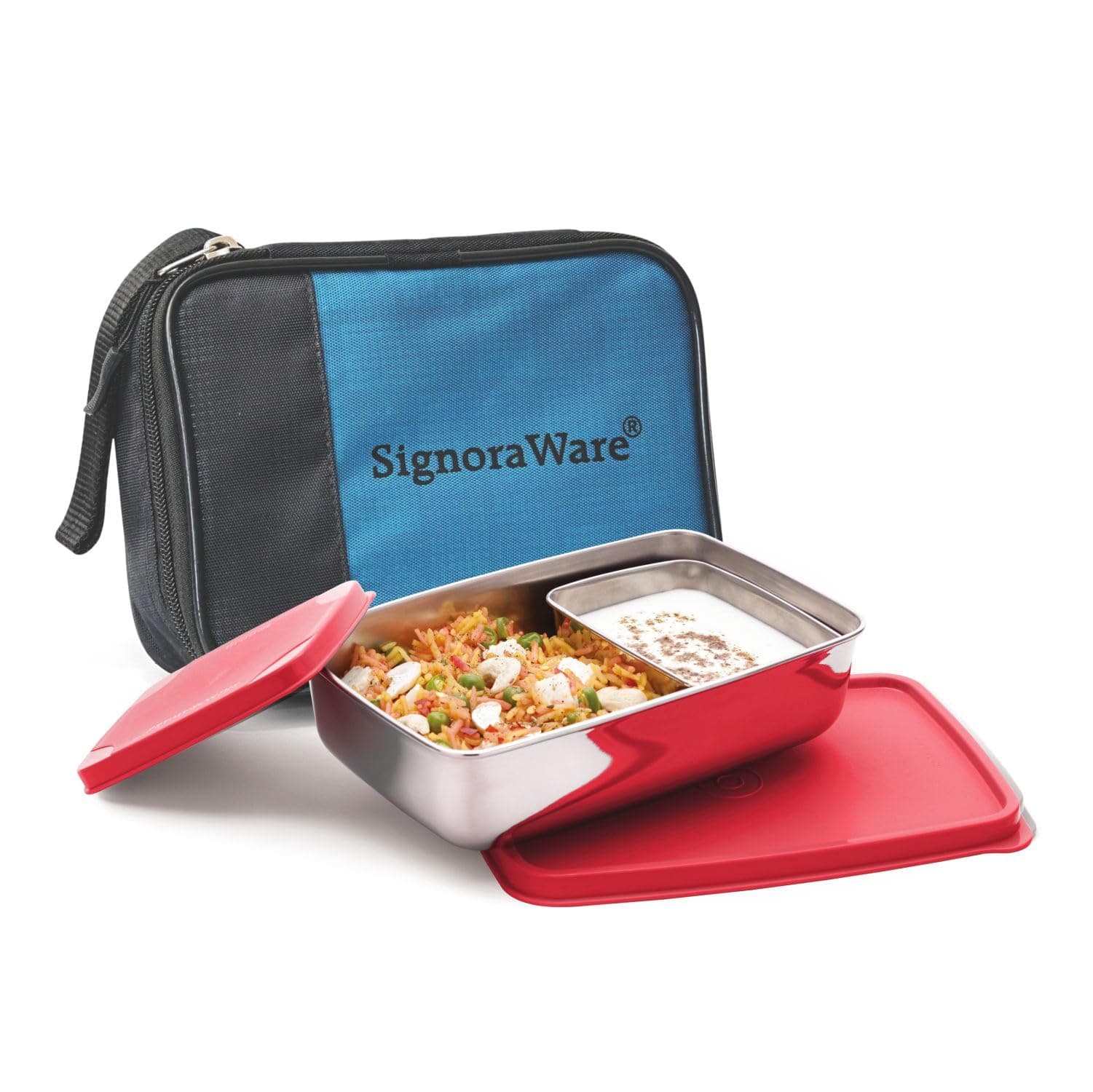 Signoraware Compact Steel Lunch Box with Bag | 850ml+100ml | Rectangle | Stainless Steel | Leakproof | Food Grade | AirTight | Tiffin Box Office School | Easy to Carry & Clean | Microwave, Red