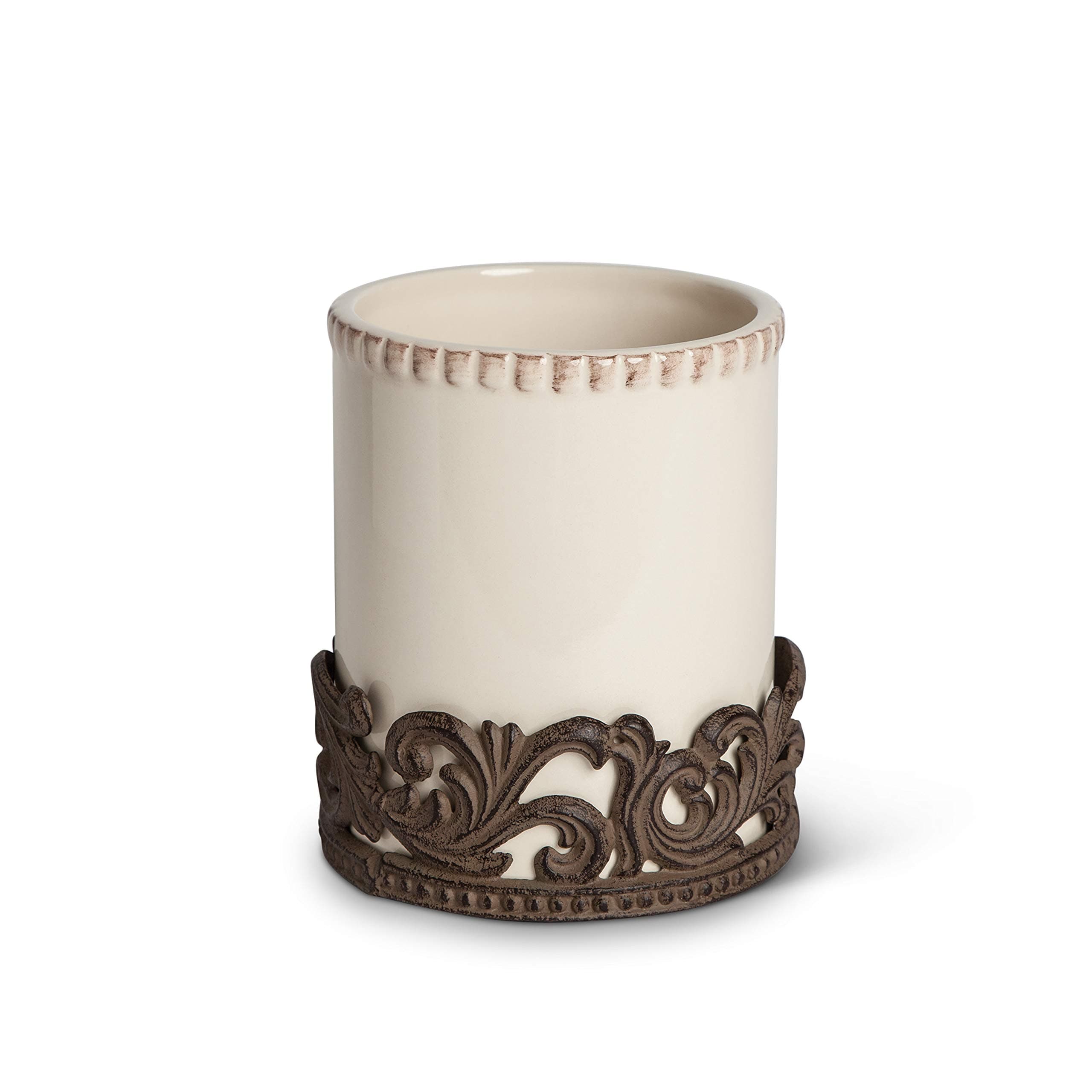 Cream Ceramic Utensil Holder with Acanthus Leaf Metal Base
