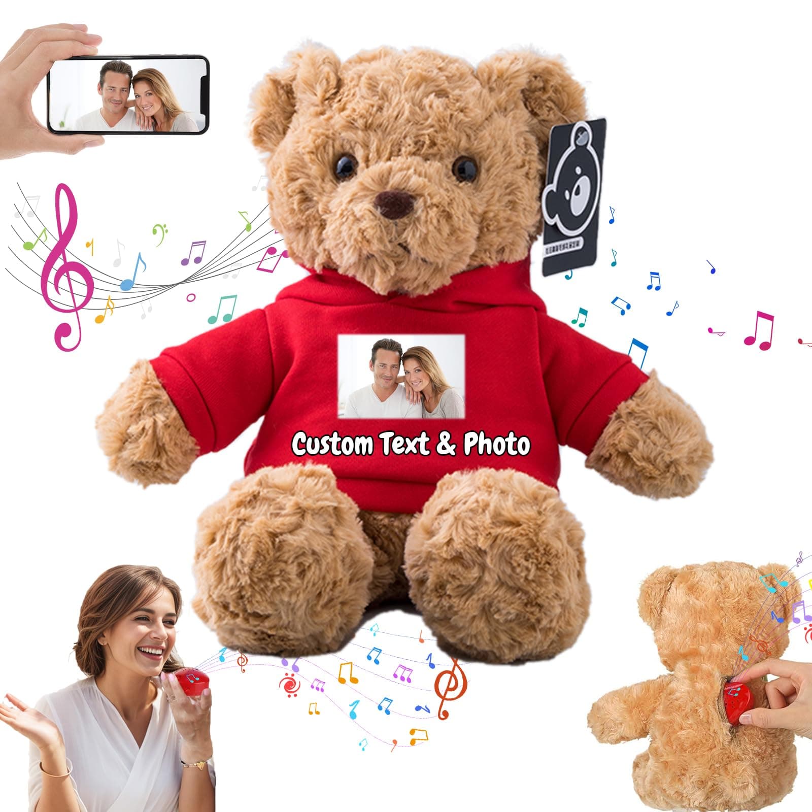 Personalised Teddy Bear with Voice Recording, Bear Plush Toy with Text+Photo, Customised Gift for Valentines Christmas
