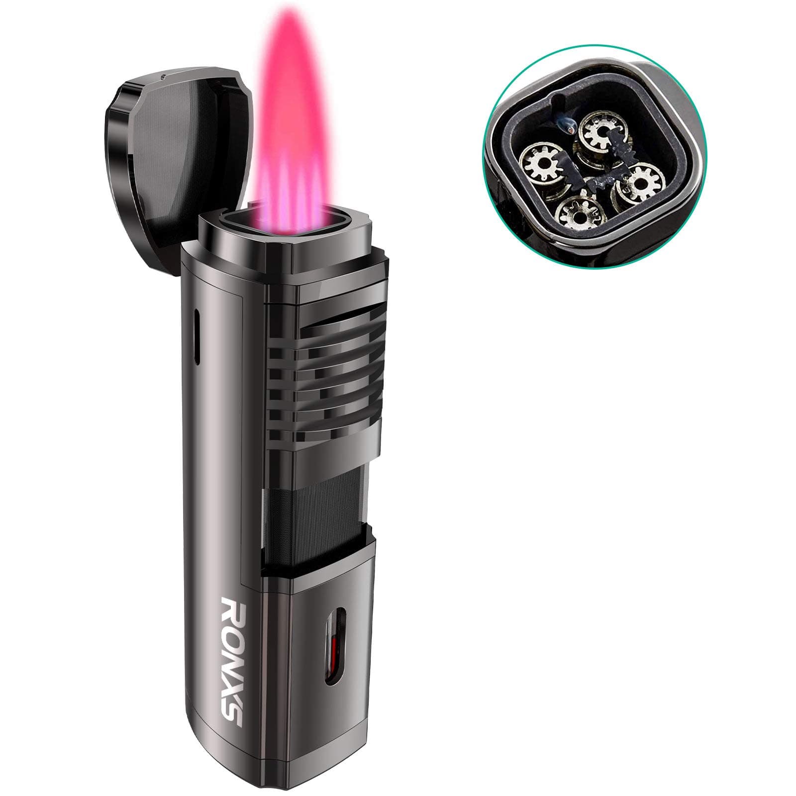 RONXS Torch Lighters, 4 Jet Flame Butane Lighter, Pocket Lighter with Punch Cutter, Refillable Windproof Lighter (Butane Gas Not Included)