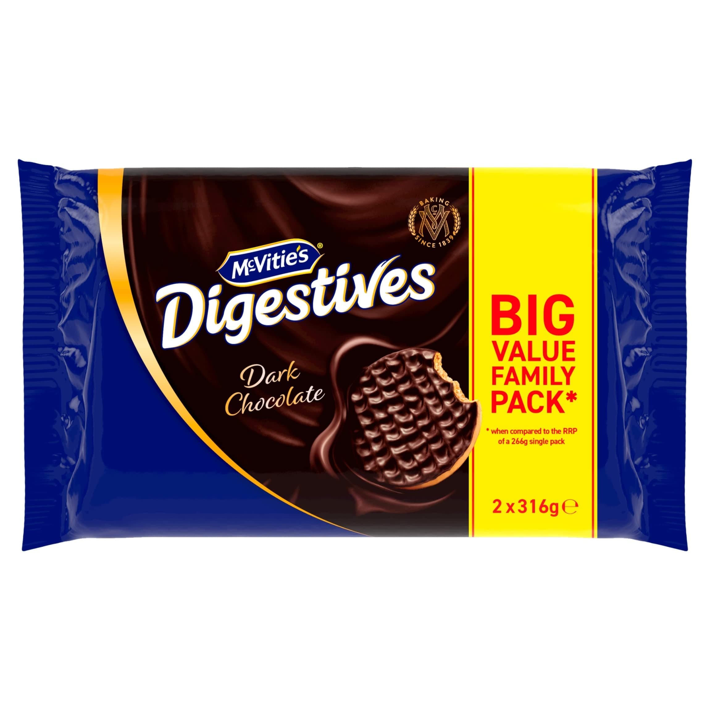 Dark Digestive Biscuits Twin Pack 2 x 316 g, Chocolate, 632 gram