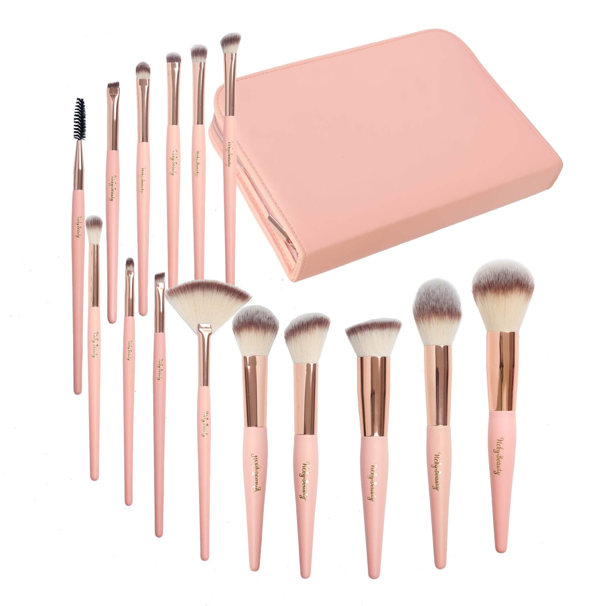 Professional Makeup Brush Set-15 Premium Cosmetic Applicators with Soft Synthetic Vegan Bristles Rose Gold Pink Wood Handles- Beauty Brushes Kit with Zip Case Travel Bag