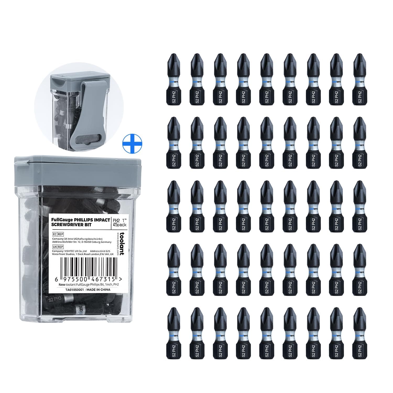 toolant 1 Inch Phillips Bit#2 Magnetic Anti Slip Impact Screwdriver Bits Set,45pcs Insert S2 Steel PH2 Driver Dit Set with CNC Machined Tips for Power Drill