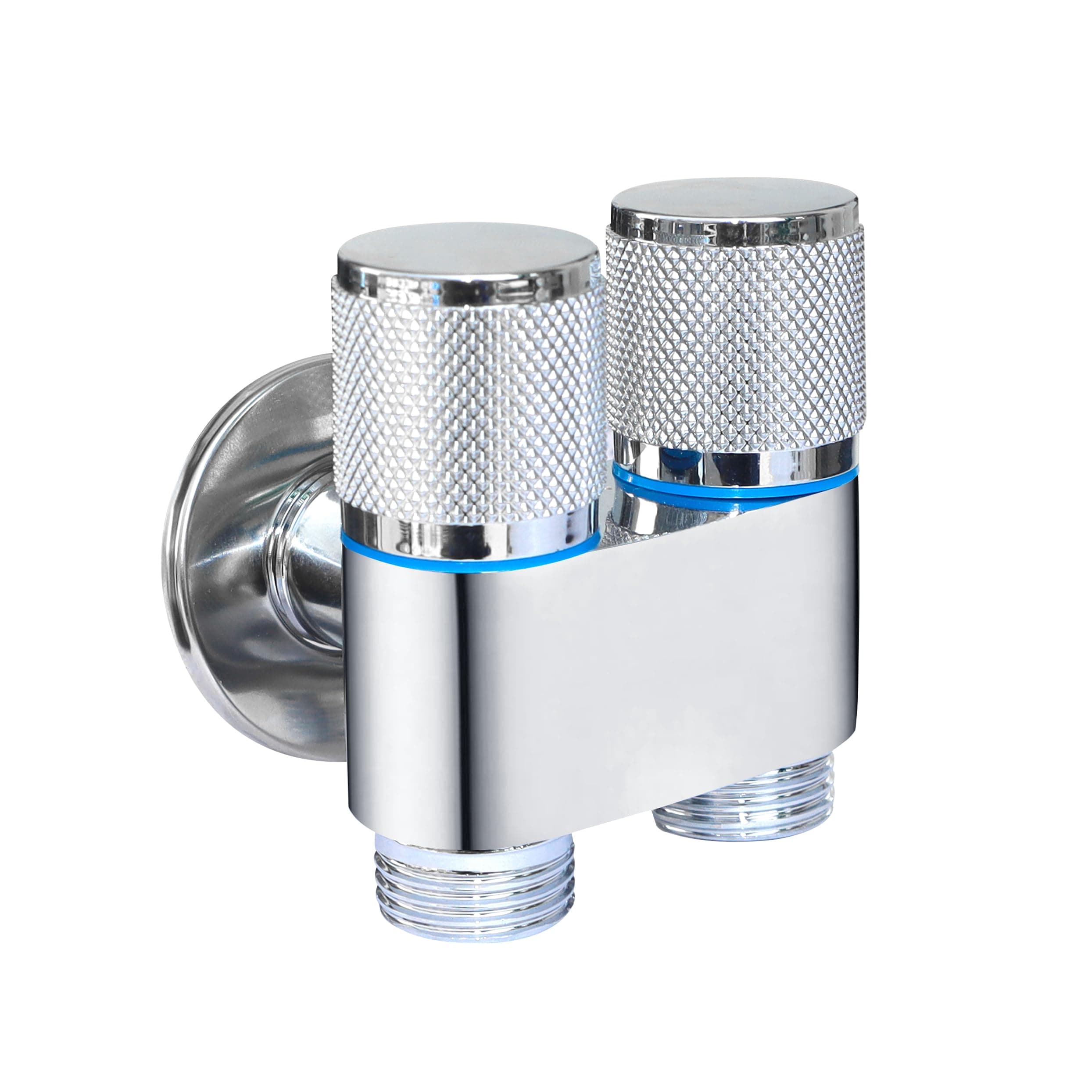 IONIX 2 Way Angle Cock Wall Mount | 2-in-1 Angle Valve with Wall Flange Two Out Water Cleaning Sprayer Angle cock with Flange Brass Chrome Finish for Bathroom Wash Basin Toilet (SILVER)