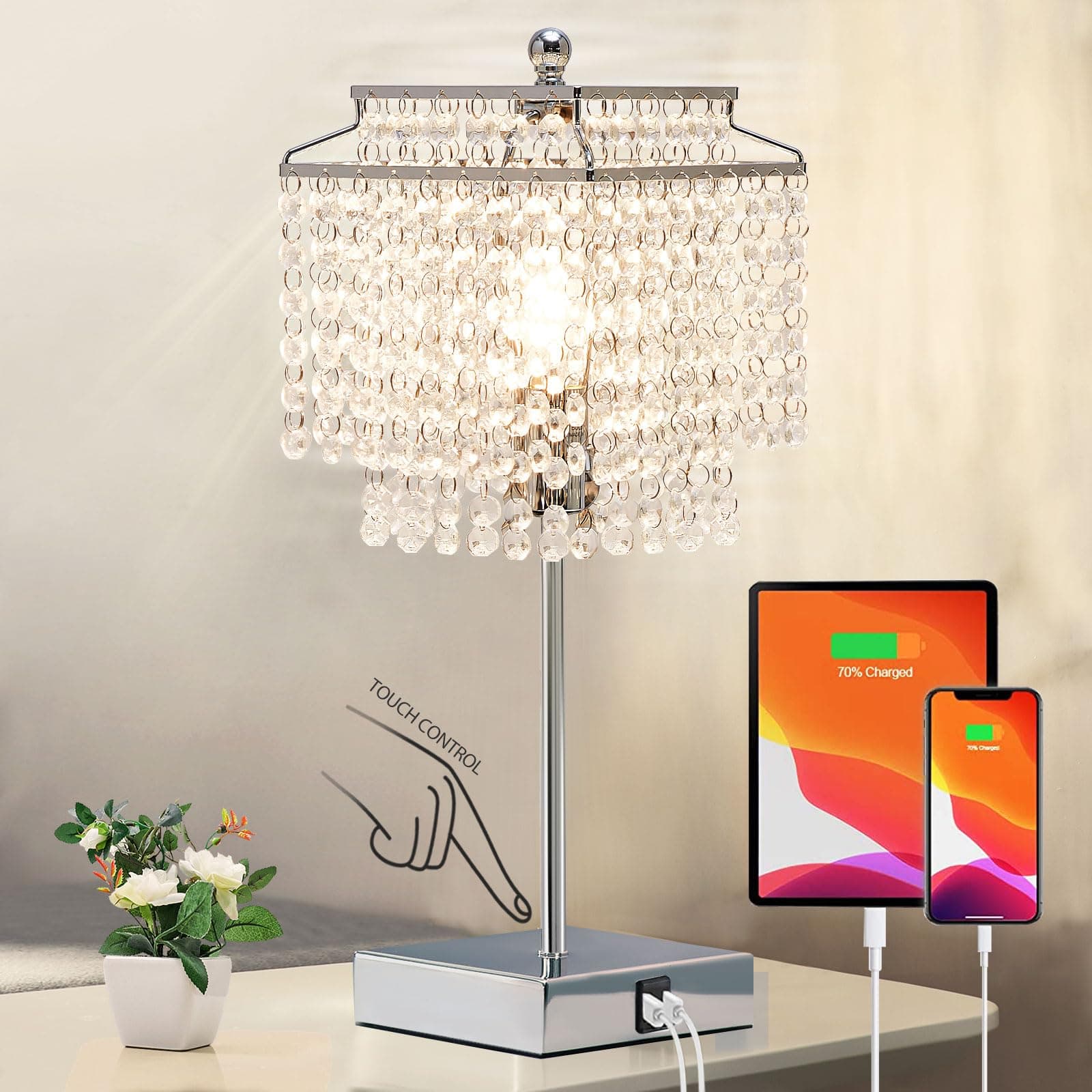 Touch Crystal Table Lamp Silver, Bedside Lamp with USB C+A Ports, Dimmable Nightstand Lamp with Crystal Shade, Bedroom Lamp for Girls Bedroom, Living Room, Bulb Included