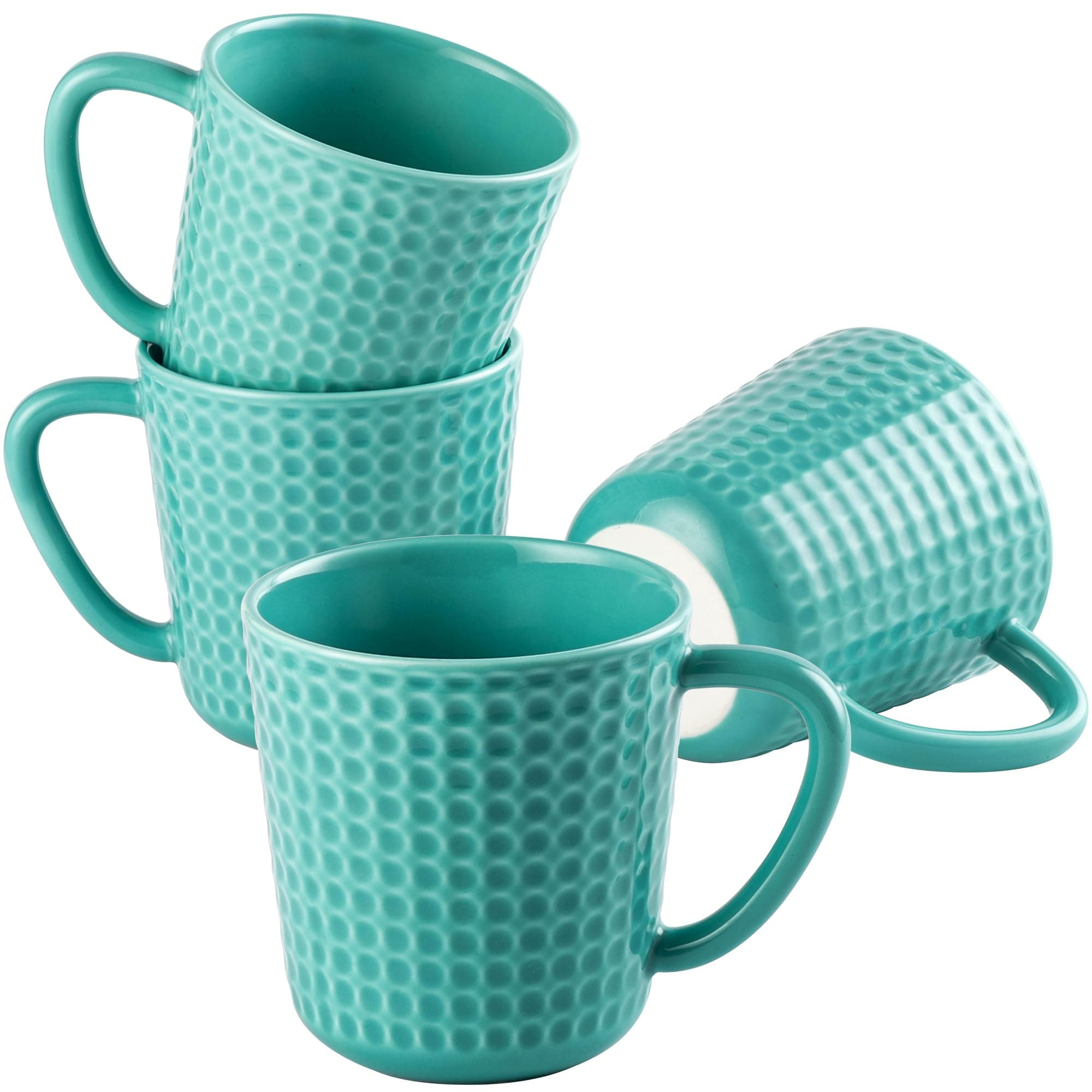 15 oz Waffle Embossed Ceramic Coffee Mugs Set of 4 - Microwave & Dishwasher Safe Ceramic Coffee Cups with Handle for Latte Cappuccino Tea Stoneware Mugs Set Housewarming Wedding Gift (Turquoise)