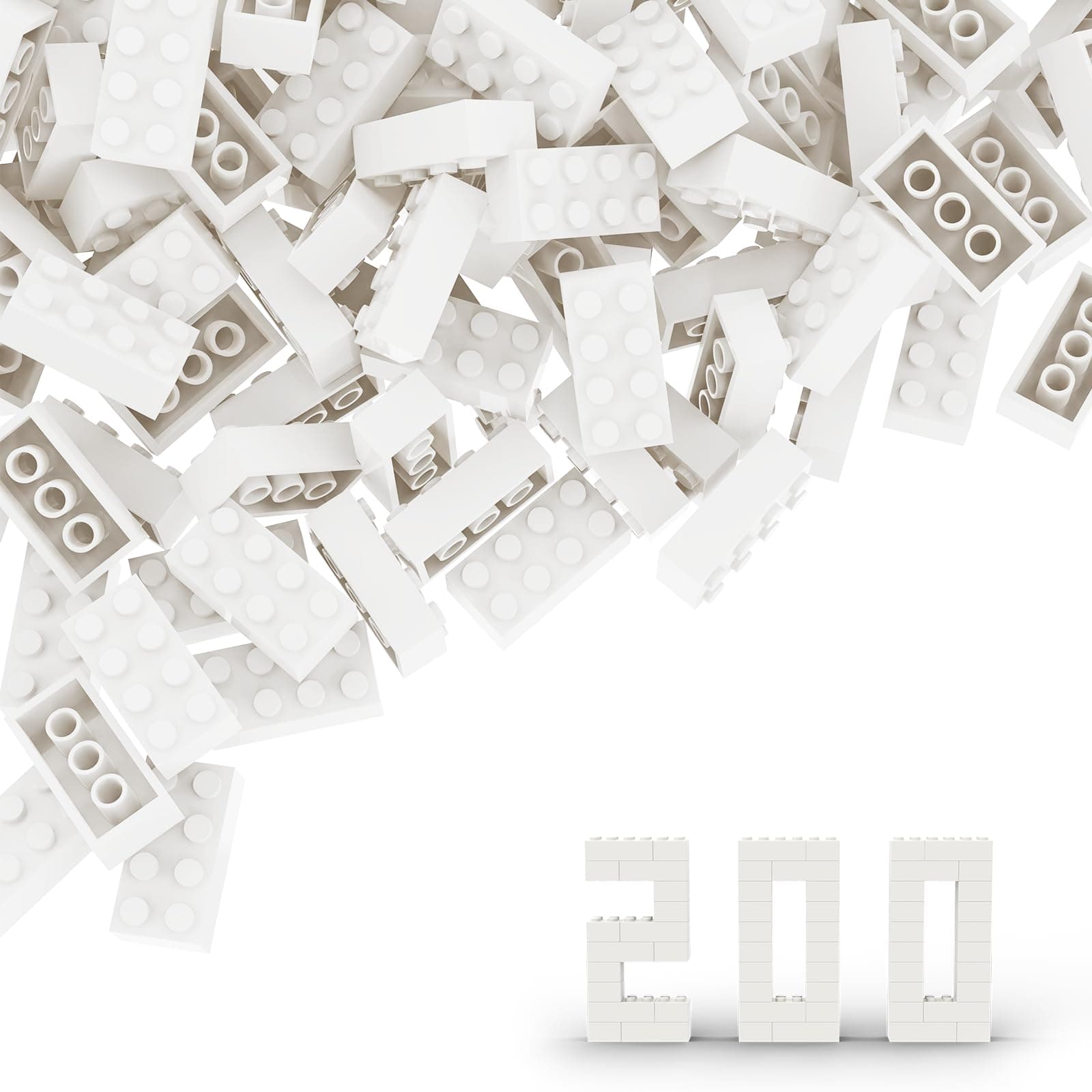 Classic Bulk Brick Block 2x4, 200 Piece Building Brick White, Compatible with Lego Parts and Pieces 3001(Colour:White)