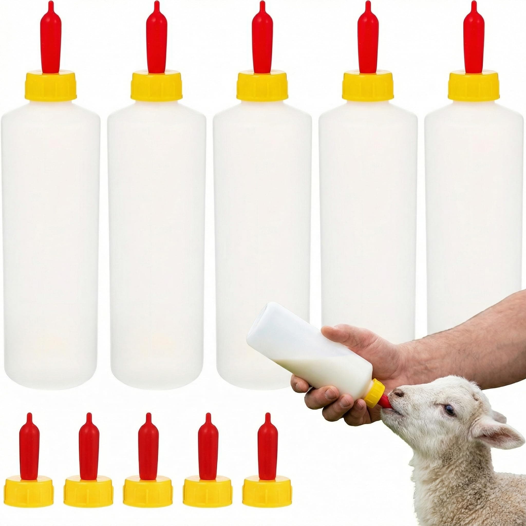 5 Sets Lamb Feeding Bottle 400ml, Livestock Nursing Feeder, Durable Plastic Milk Bottles for Baby Sheep, Goats, Puppy, Kitten, Dog, Farm Lambing Supplies, Extra 5pcs Milk Drink Nipples