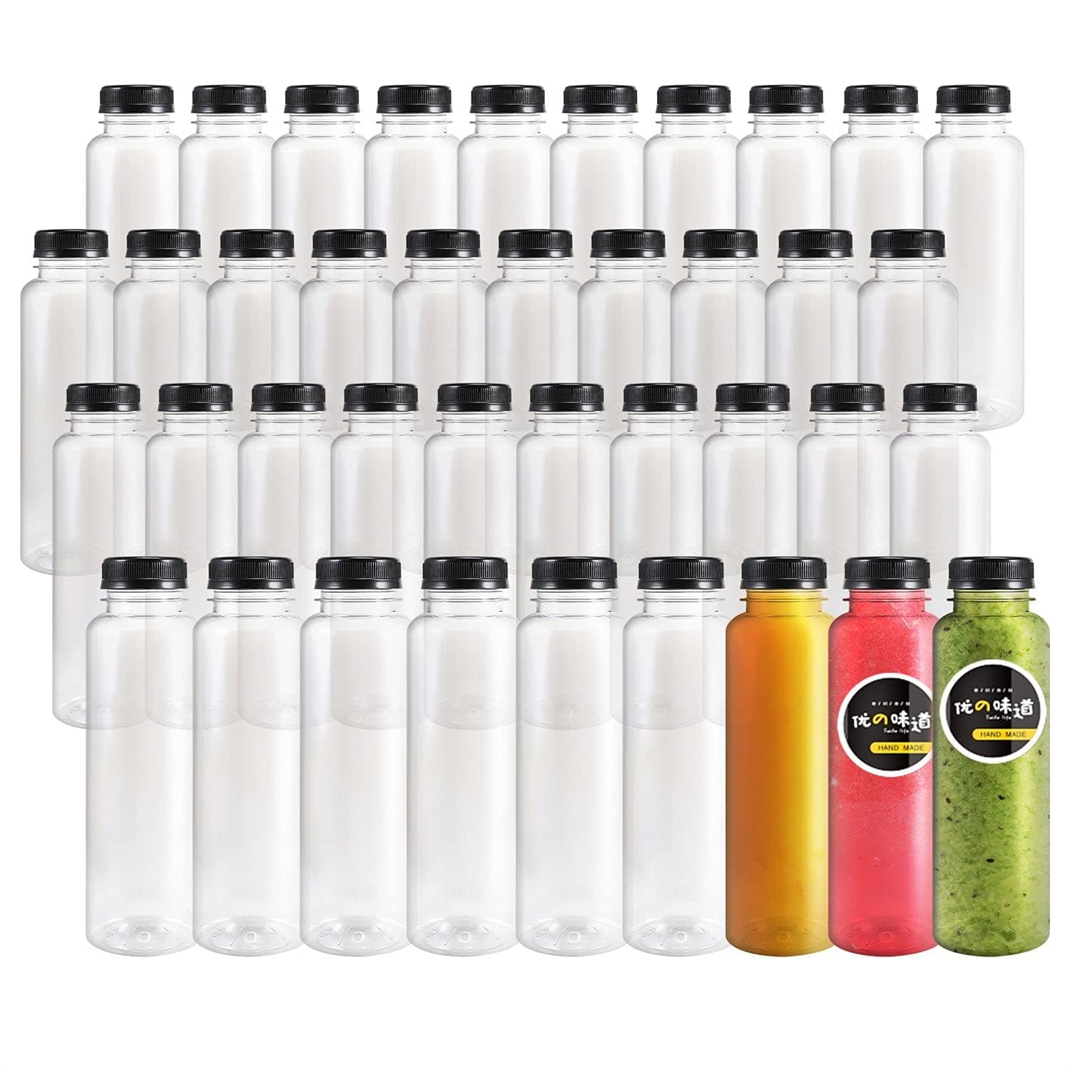 Kaderron 40pcs 12oz Plastic Juice Bottles with Caps, Empty PET Disposable Plastic Bottles, Clear Bulk Drink Containers with Black Tamper Evident Lids for Juicing, Drinking and Other Beverages