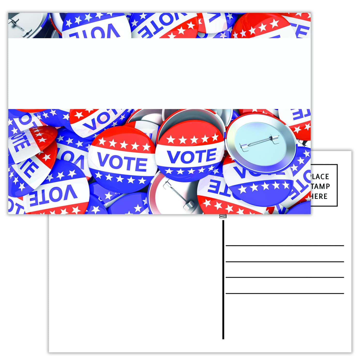 100 Pack of Blank Postcards. Each Post Card in This Patriotic, Bulk Set is 4 x 6, USPS Compliant (mailable), and USA Made. Mail to Voters to get Votes. Flip Side is Plain White and unused. (Buttons)
