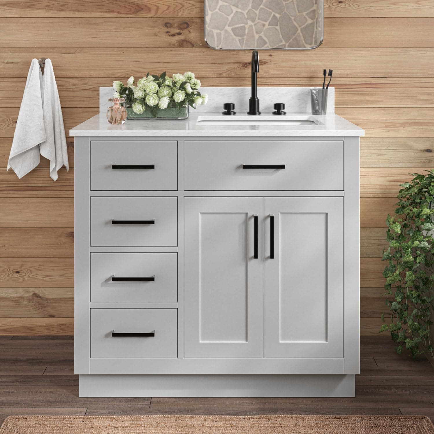 ARIEL Hepburn 36-inch Bathroom Vanity with Sink,Solid Wood, 0.75-inch Italian Carrara Marble Countertop, Single Rectangular Porcelain Sink, 2 Soft Closing Doors, 5 Dovetail Drawers, Grey