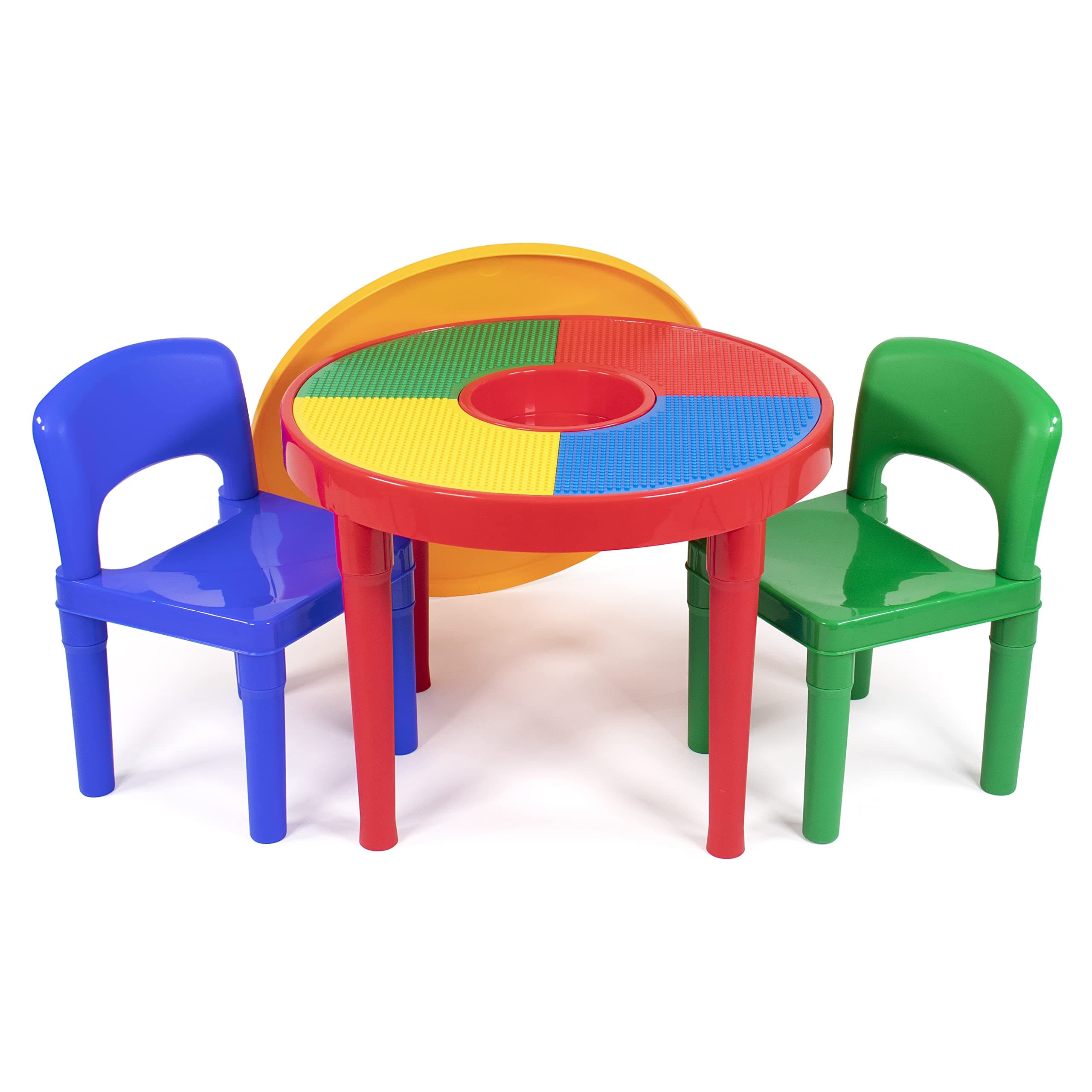 Humble Crew, Red/Green/Blue Kids 2-in-1 Plastic Building Blocks-Compatible Activity Table and 2 Chairs Set, Round, Primary Colors, Primary