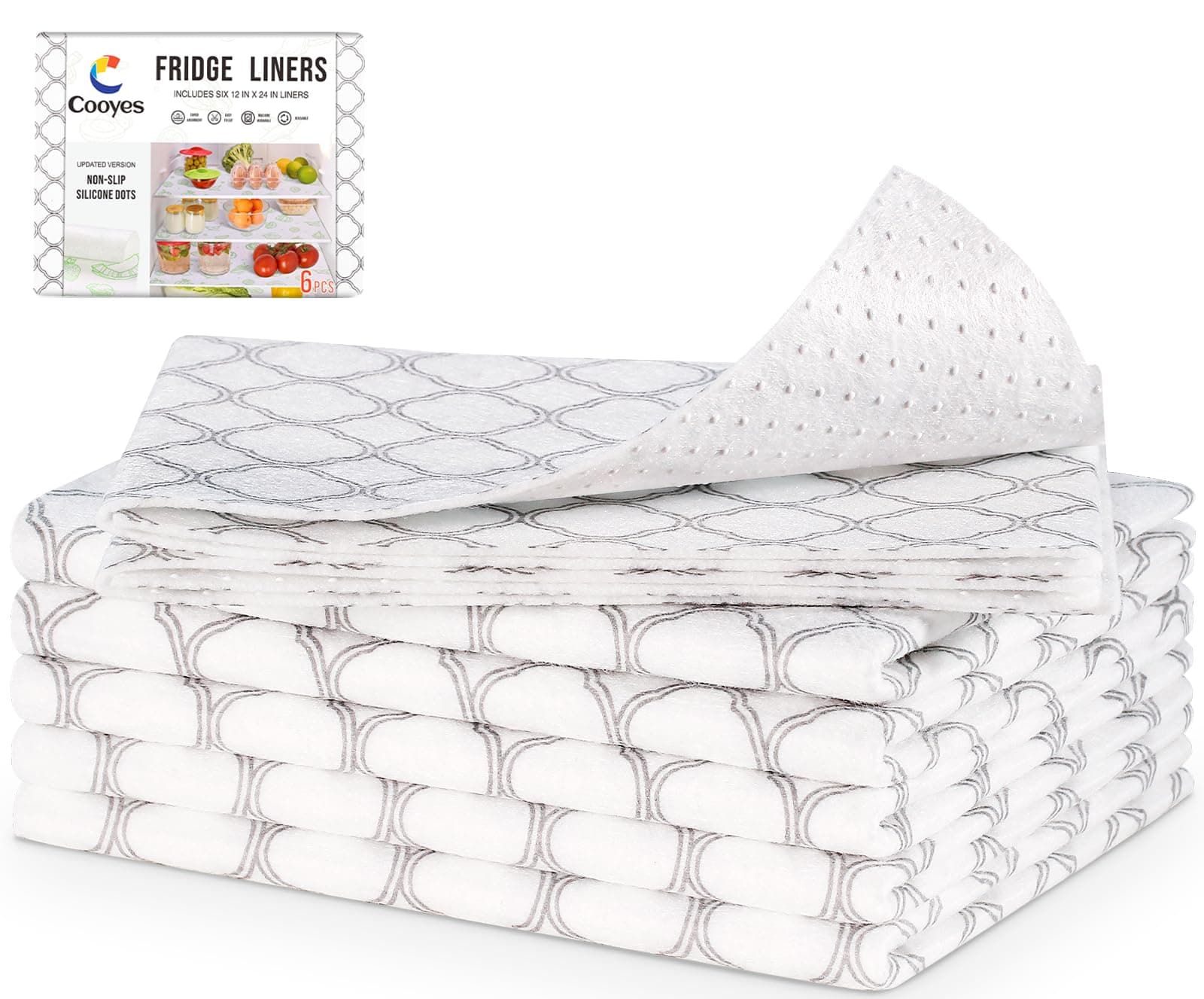 Cooyes Non Slip Refrigerator Liners, 2-in-1 Fridge Mats and Fresh-Keeping Shelf Liners, Absorbs Excess Moisture, BPA-Free, Multiple Sizes for Glass Shelves Kitchen Cabinets Drawers, 6 Pack, 12" × 24"