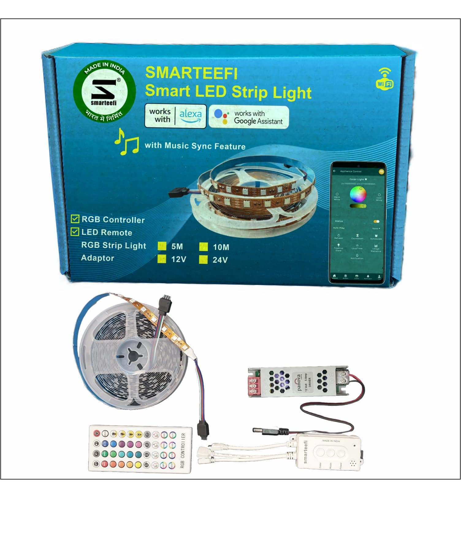 Smarteefi WiFi RGB LED Strip Controller, IR Remote, 5 Meters RGB Color LED Strip Light, Power Adapter, Color & Brightness Control, Music Mode, autoplay patterns | Compatible with Alexa and Google Home