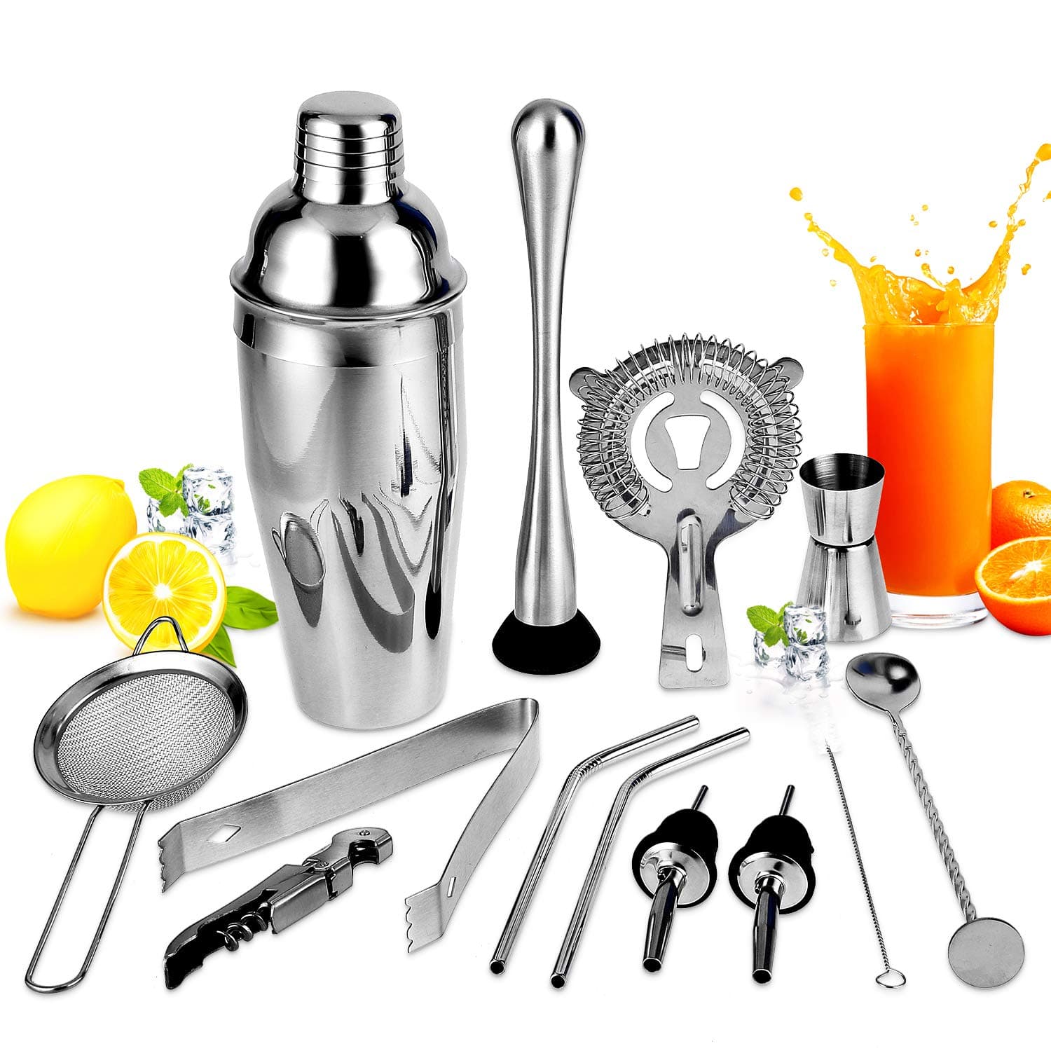 JIIKOOAI Cocktail Set, Bartender Kit, 13 Pcs Barware Sets, Stainless Steel Bar Tool Set, Cocktail Making Set, Cocktail Gift Set Stainless Steel Bartending Tool Set, Perfect for Christmas Gift.