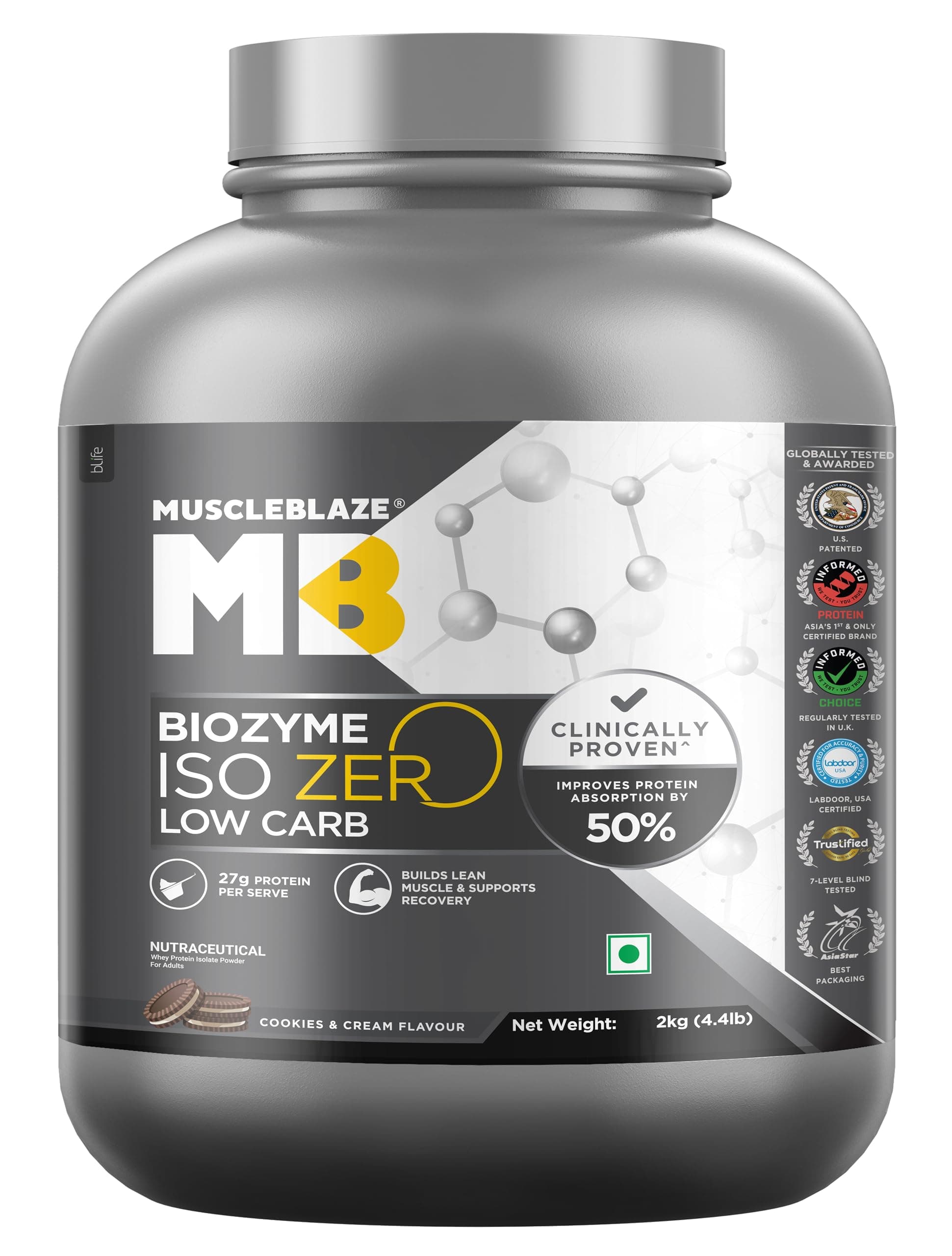 MuscleBlaze Biozyme Iso-Zero, Low Carb, 100% Pure Whey Protein Isolate with USA Patent-Published Enhanced Absorption Formula (EAF®), 27 g Pure Isolate Whey Per Scoop (Cookies & Cream, 2 kg / 4.4 lb)
