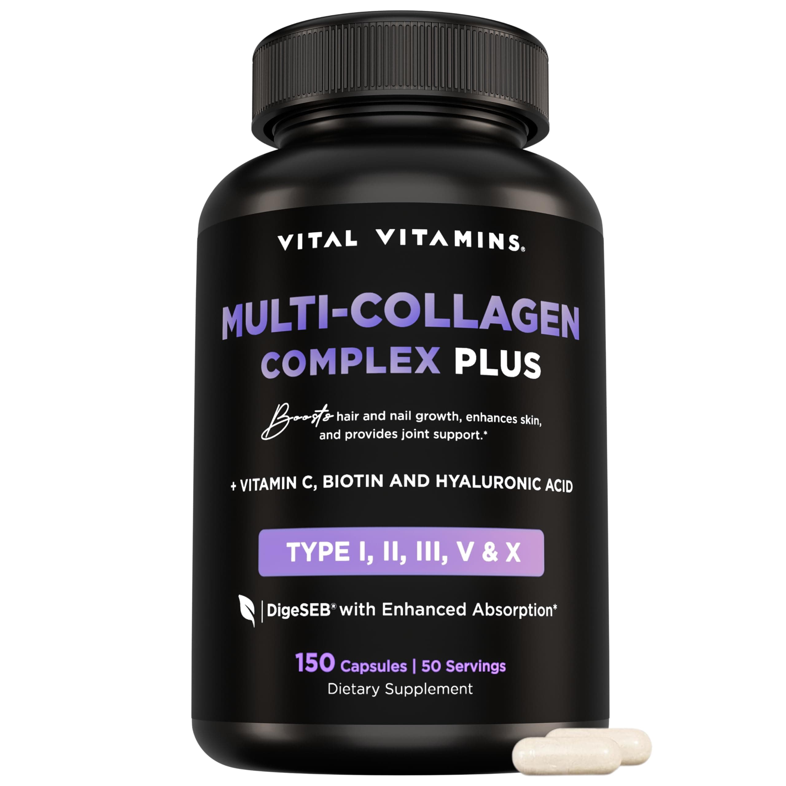 Vital Vitamins Multi Collagen Complex Plus - with Biotin, Hyaluronic Acid, Vitamin C - Type I, II, III, V, X - for Women & Men - Hair, Skin, Nails Beauty Complex - 150 Capsules