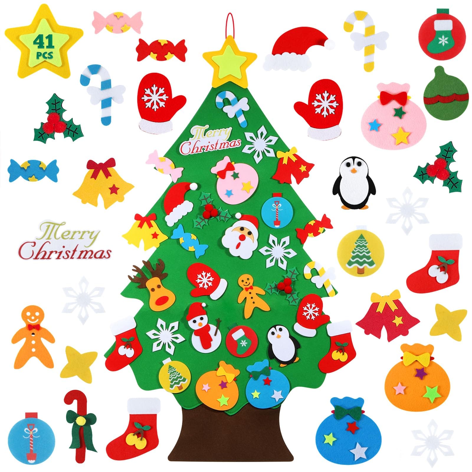 TOBEHIGHER DIY Felt Christmas Tree - 3.6 FT, 41 Piece Ornament Set, 3D Design, Reusable Adhesive Pads, Green, Life-Size, Unisex, Christmas Theme, Art & Craft Kit for Kids
