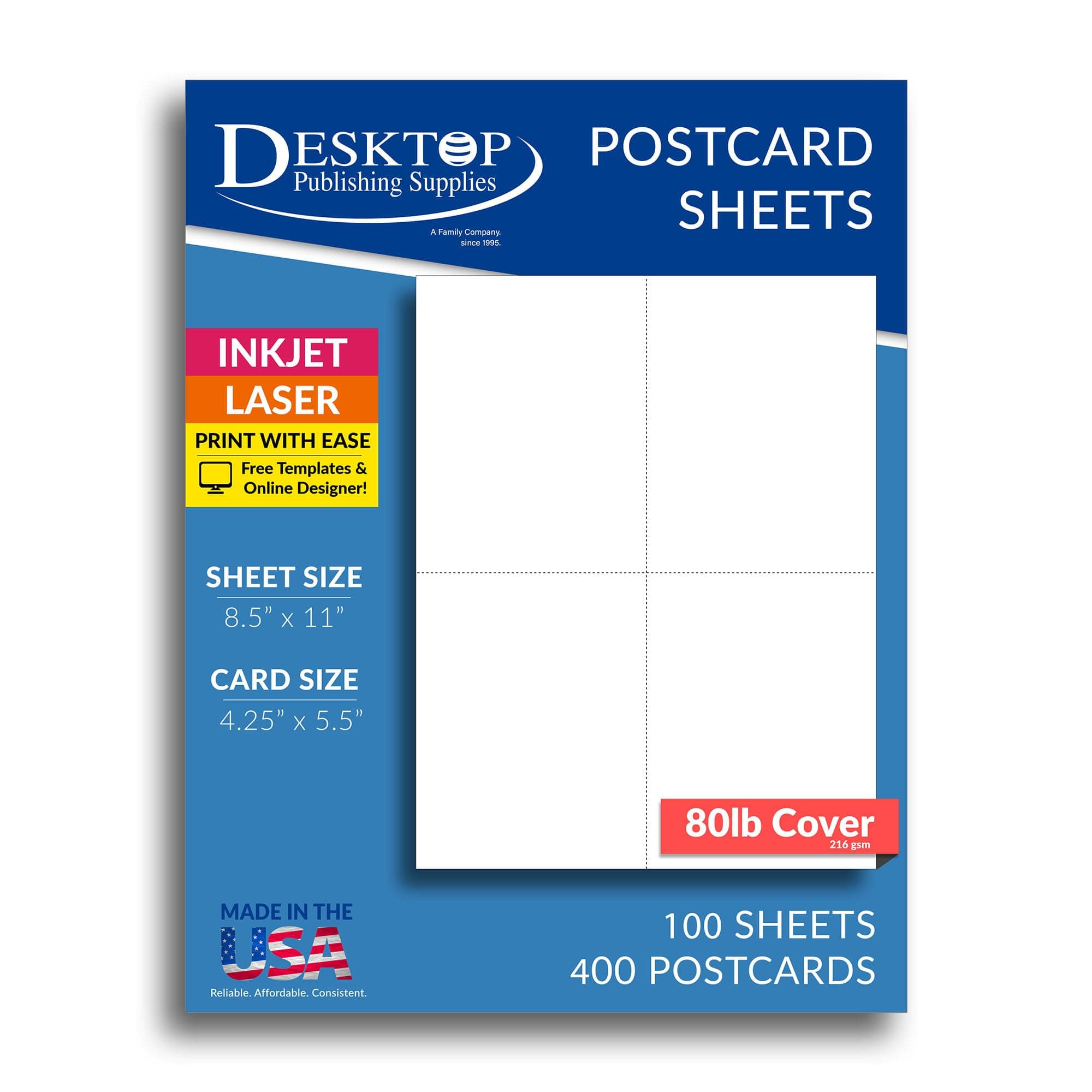 Heavyweight Blank Postcard Paper for Printing - 100 Sheets / 400 Postcards - White - Perforated 4 per Sheet - Thick 80lb Cover Cardstock - Inkjet/Laser Printable