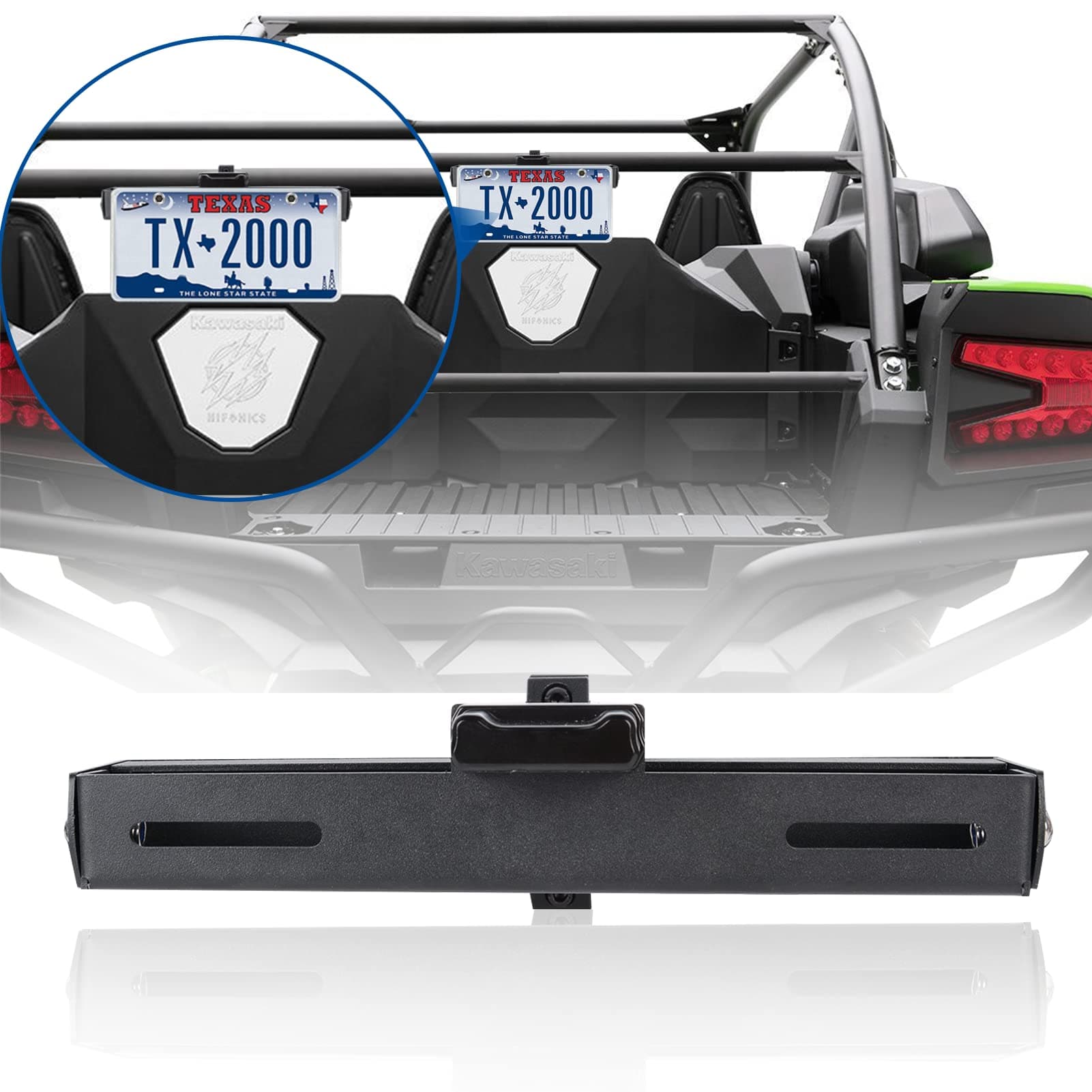 Maiker Aluminum UTV License Plate Frame with Light Compatible with Polaris Pioneer Talon Can-Am Maverick X3 Kawasaki Arctic Cat Wildcat fits 1.75-2 Inch Roll Cage Bars