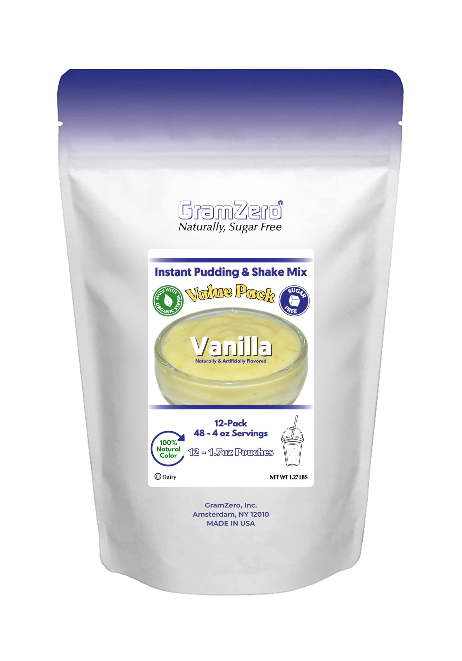 GramZero Natural Color VANILLA Sugar Free Pudding Mix 12-Pack, Great For Nutrition Club Meal Replacement Shakes, Low Calorie Dessert, Stevia Sweetened