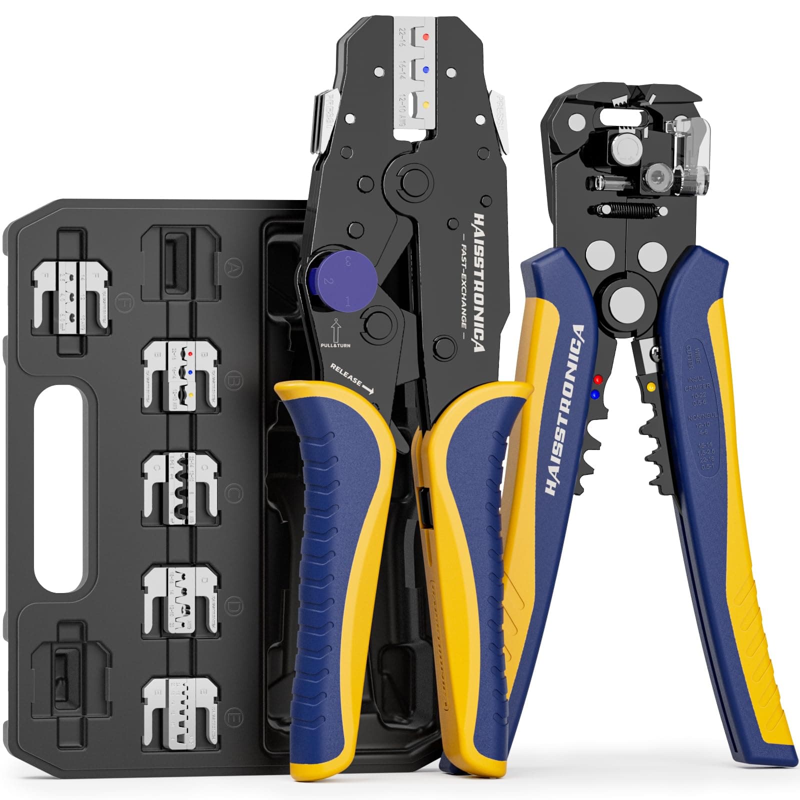 8PCS Rapid Replace Ratchet Crimping Tool Set with Pressure Regulating, Automatic Wire Stripper Heat Shrink, Non-Insulated, Open Barrel, Solar, Ferrule Connectors