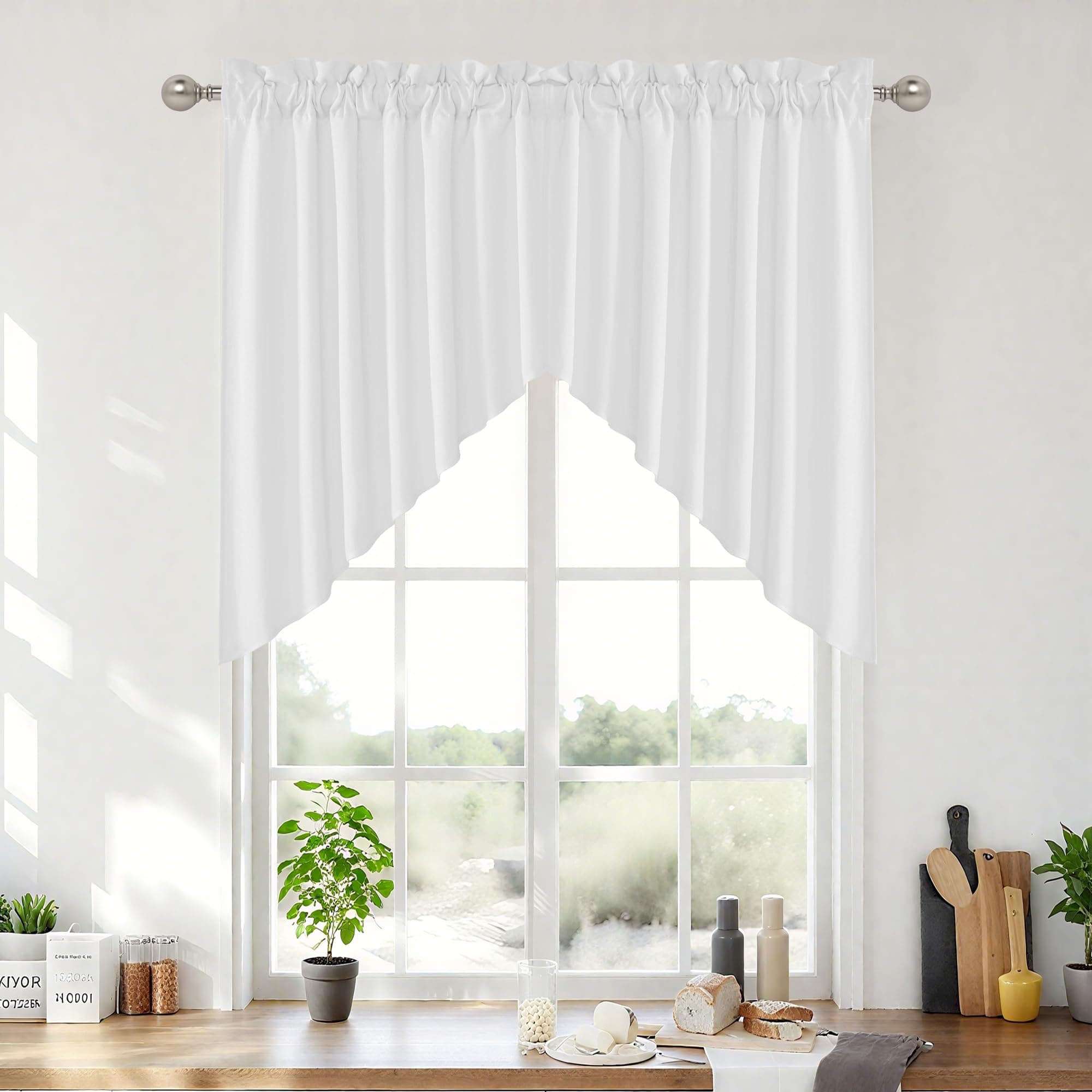 2 Panels Valance for Windows Thick Faux Linen Blended Light Filtering Privacy Protect Short Swag Topper for Kitchen Bathroom Cabinet, Rod Pocket, White, W 36 x L 36 inch