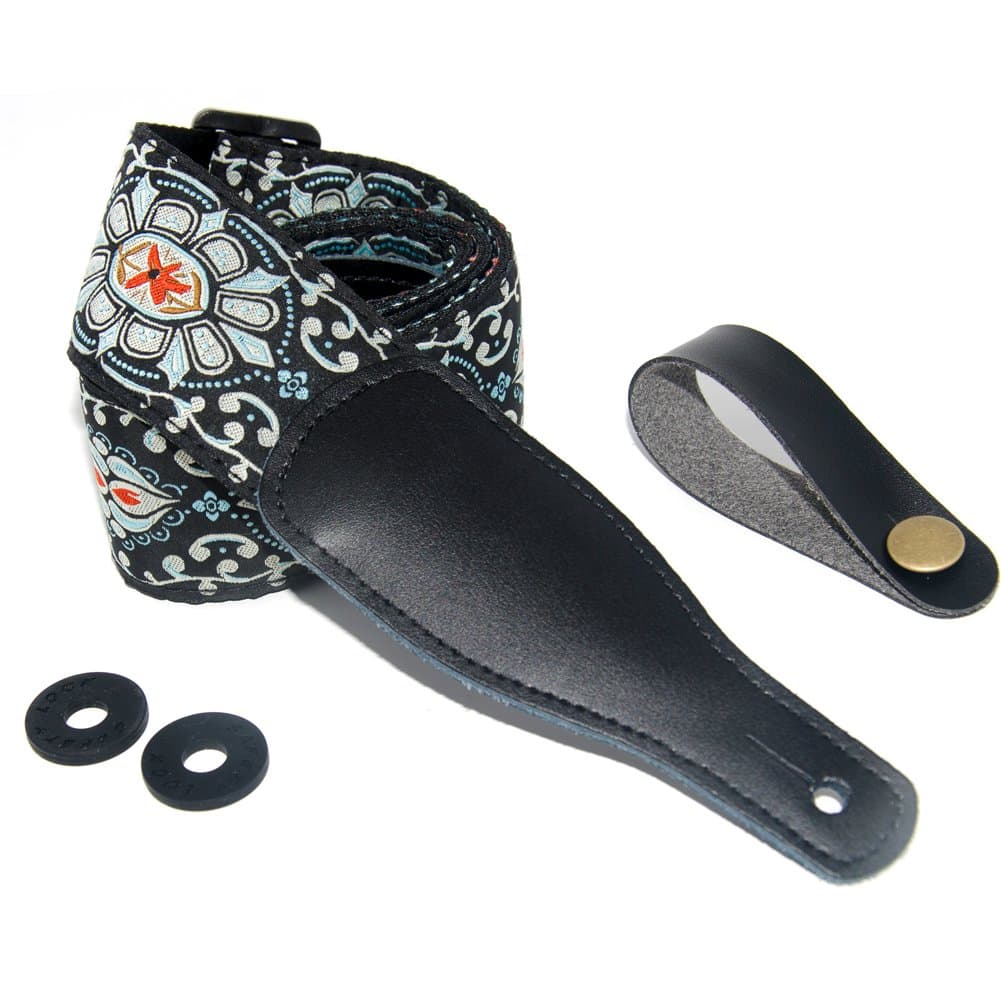 COOME Floral Guitar Strap Adjustable Pure Cotton Straps Leather Ends Head Strap Button & 2 Strap Locks for Acoustic Electric Classical Bass Guitars (White)