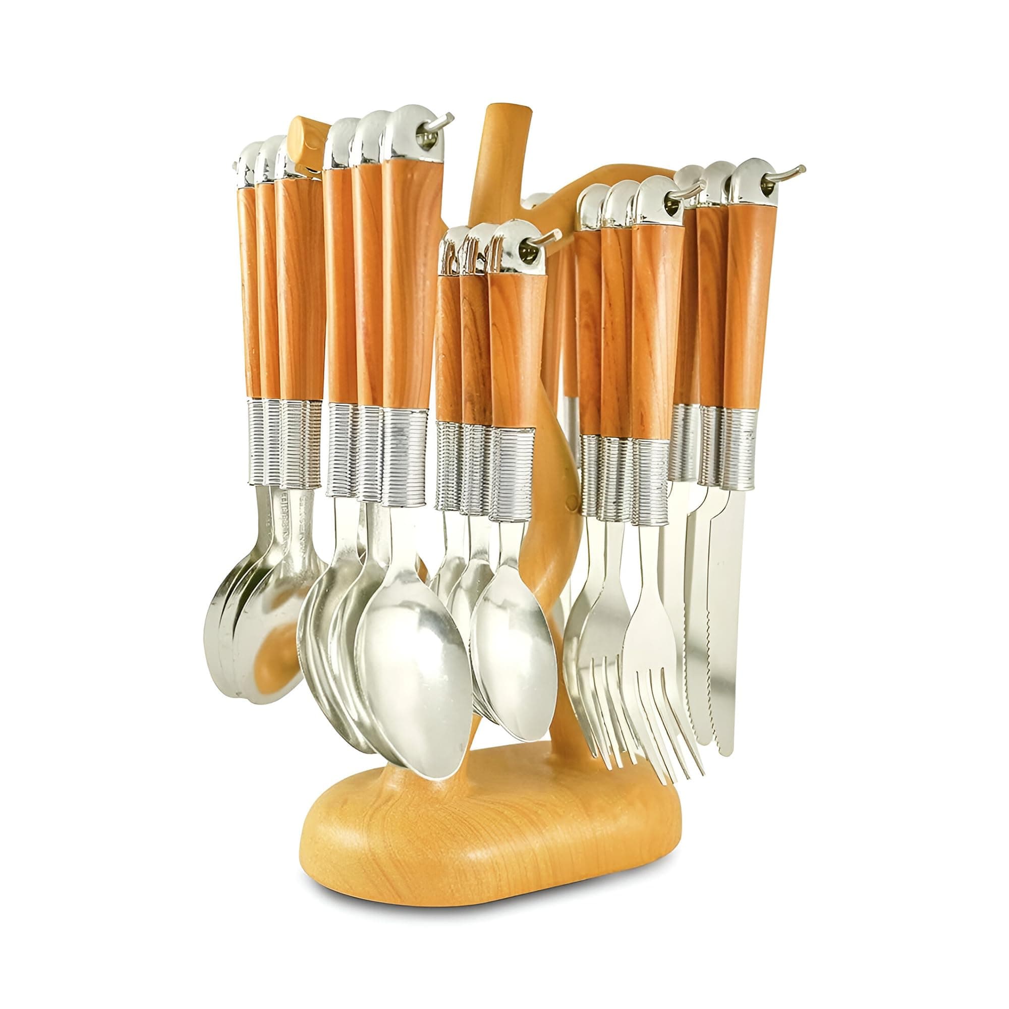 Reko - 24 Piece Tableware Silverware Set with Faux Wooden Handle, Brown Silver Stainless Steel Flatware Cutlery Set Home/Office/Party/Camping, Knife Fork Spoon Eating Utensils Set for 6, Mirror Polish