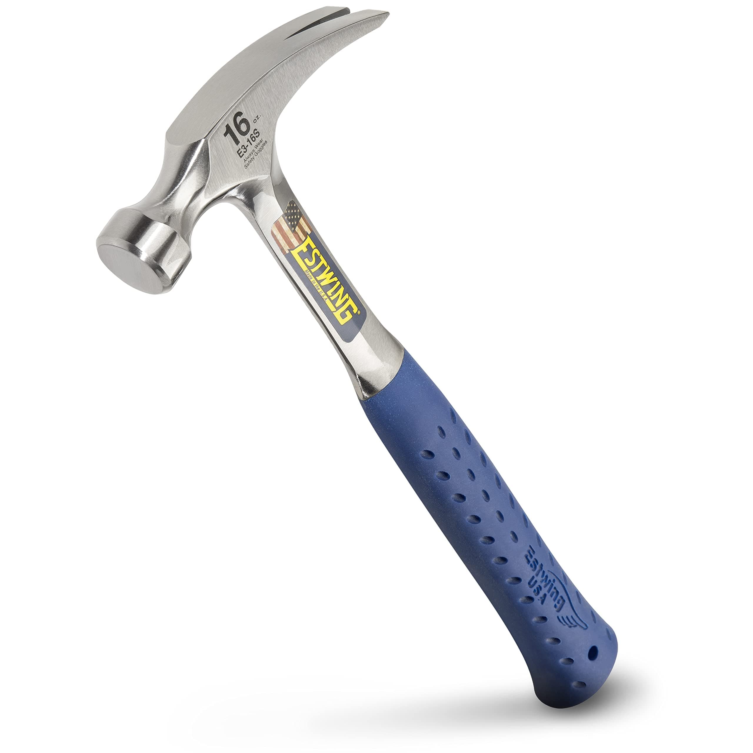 Hammer - 16 oz USA Made Straight Rip Claw Hammer with Smooth Face & Shock Reduction Grip - E3-16S