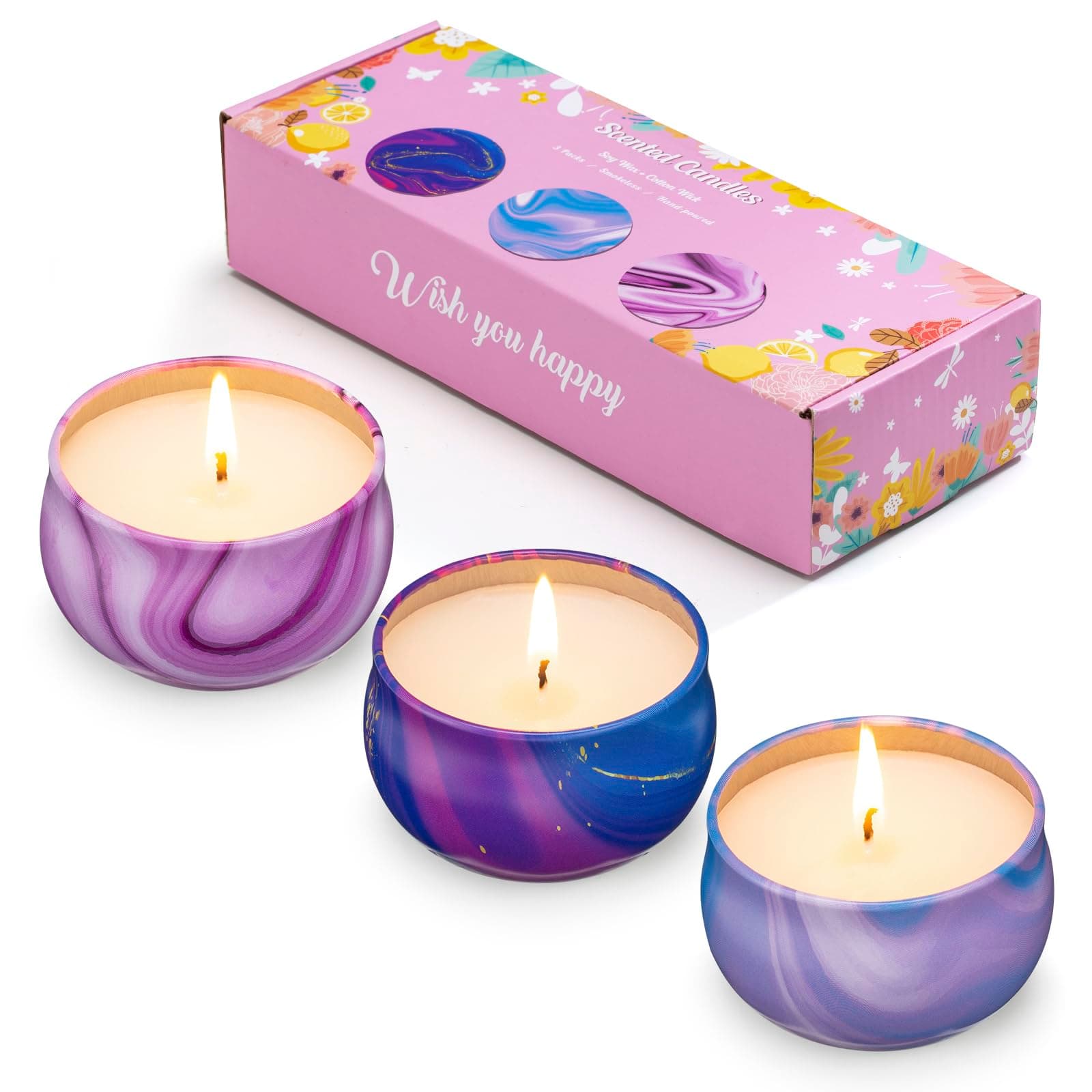 Hausware 3 Pack Scented Candles, 2.5 oz Aromatherapy Candles with Floral Scents,Soy Candles Set with 72H Burning Time,Ideal Gift for Womens(Lemon+Sage+Peony&Cherry Blossom)