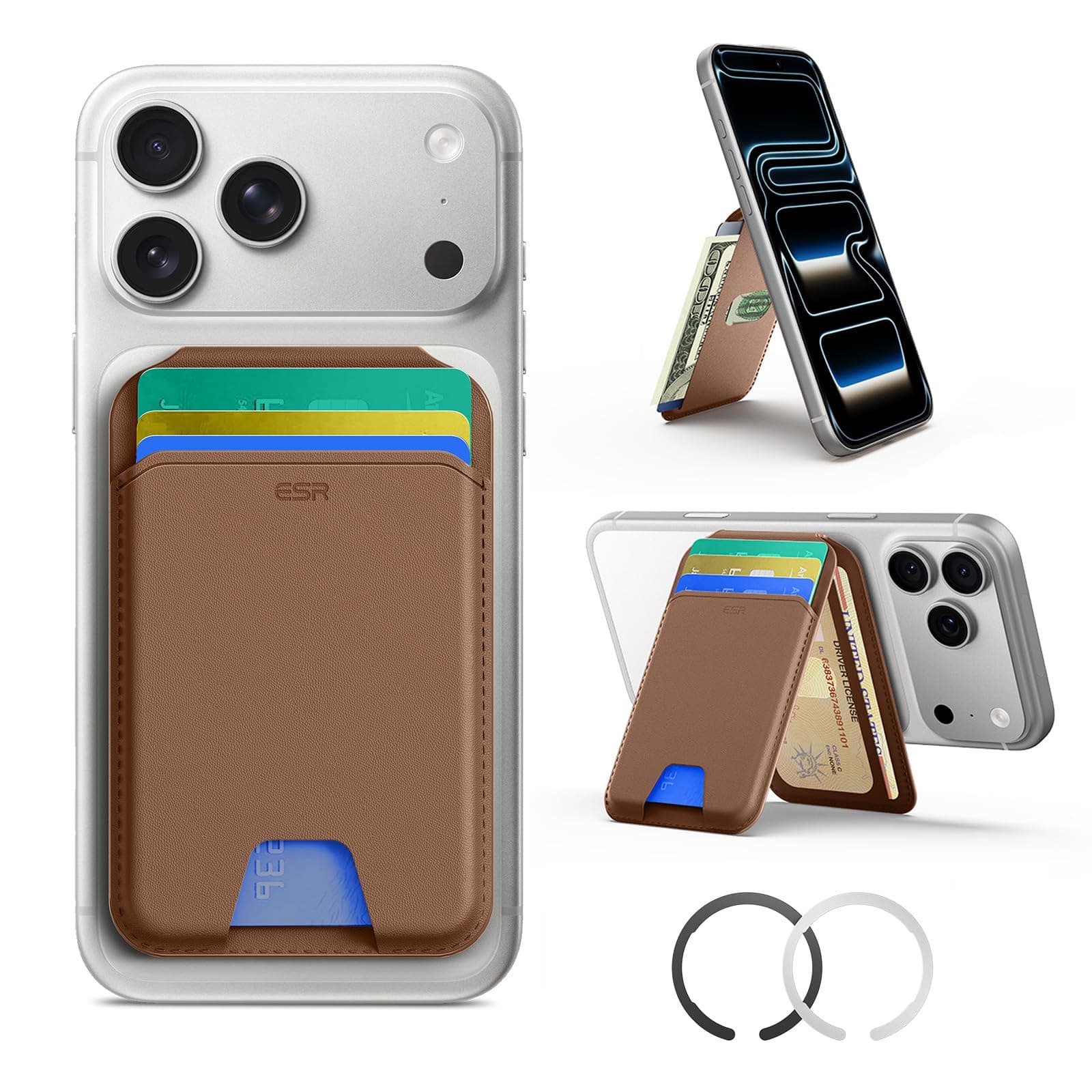 for MagSafe Wallet, Phone Wallet with Adjustable Stand for iPhone 17e/17/16/15/14/13/12 Series, Google Pixel 10,Not for iPhone 13/12 Mini, 5 Card Holder, Vegan Leather,Brown