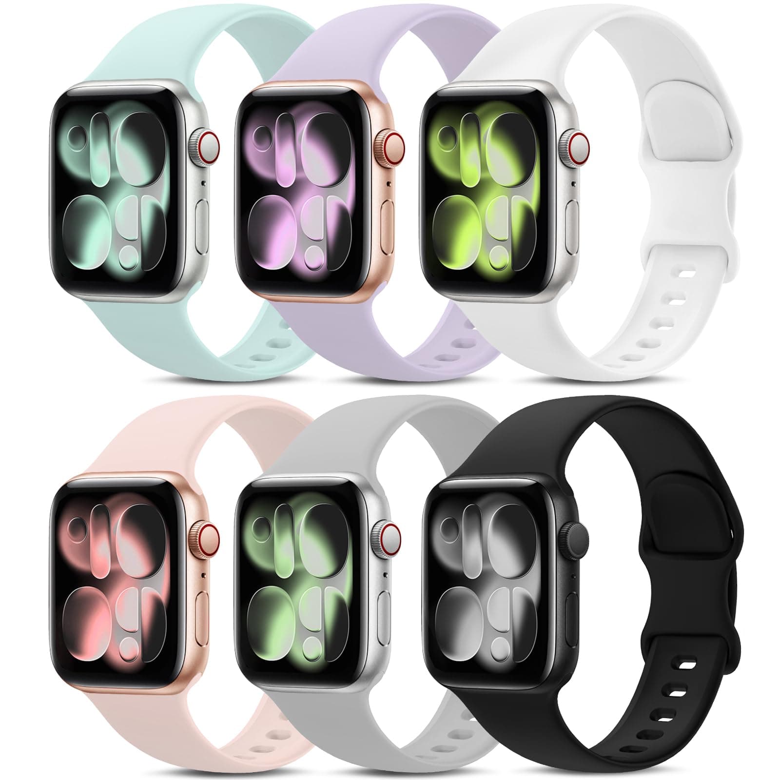 6 Pack Sport Bands Compatible with Apple Watch Band 38mm 40mm 41mm 42mm 44mm 45mm,Soft Silicone Waterproof Strap Wristbands Compatible with iWatch Apple Watch Series 7 6 5 4 3 2 1 SE Women Men