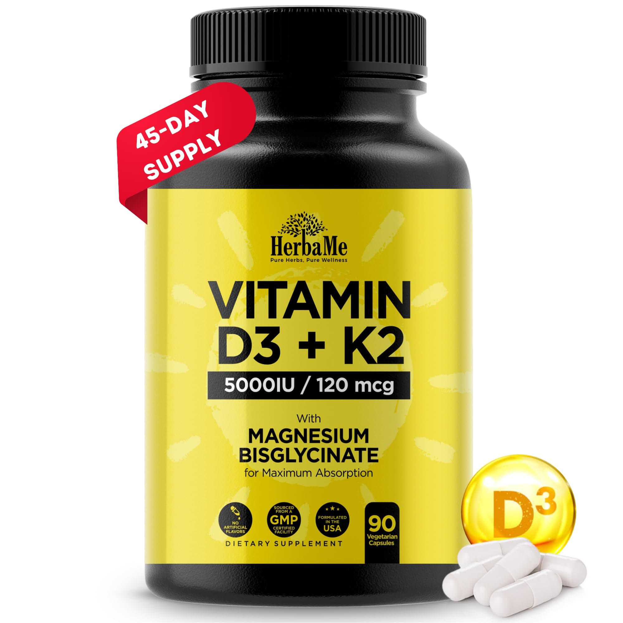Vitamin D3 5000 IU + K2 with Magnesium Bisglycinate | Immune, Bone Heart Support