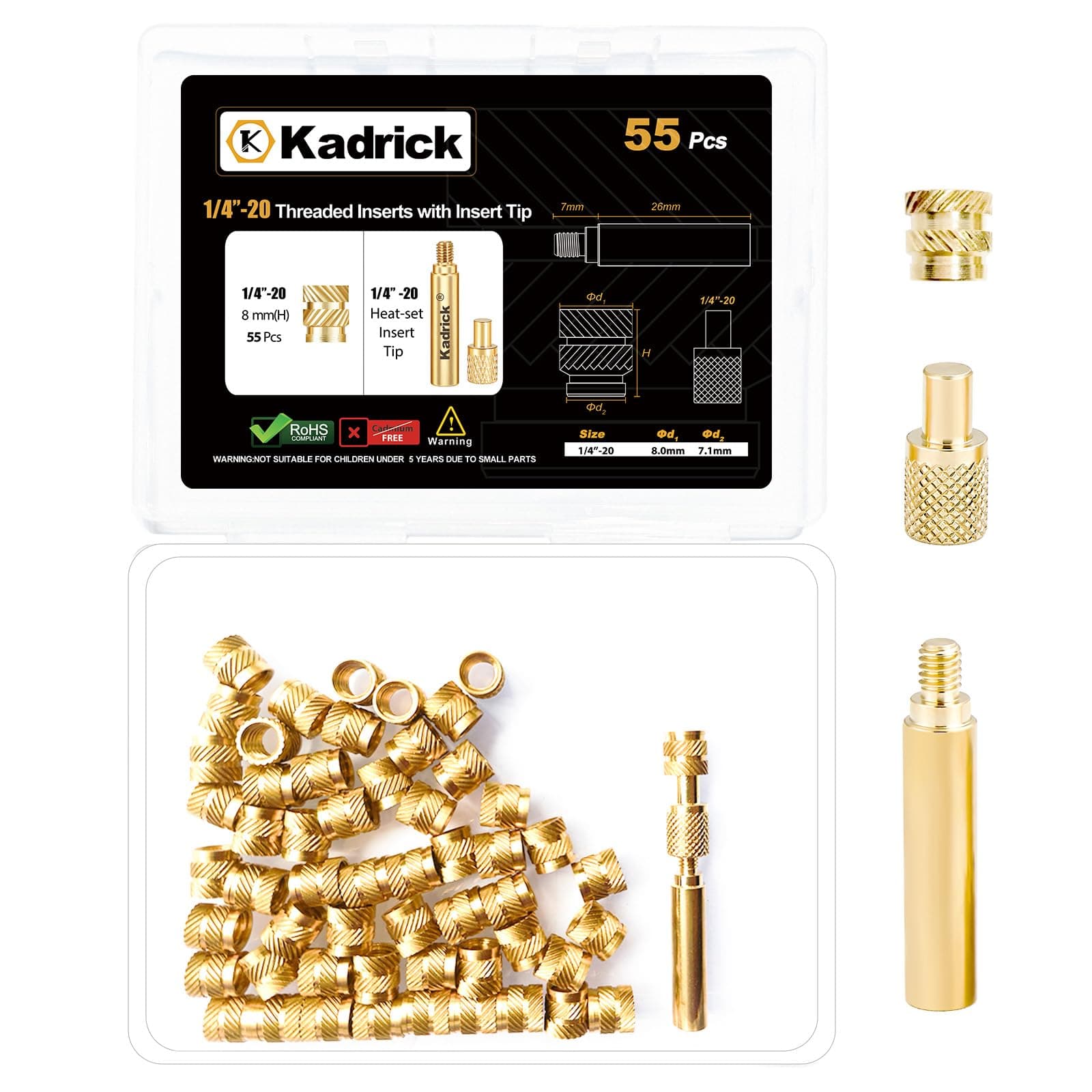 55 Pcs 1/4''-20 Threaded Inserts for Plastic,1/4''x8mmx8mm Heat Set Inserts Kit,Brass Inserts for 3D Pringting