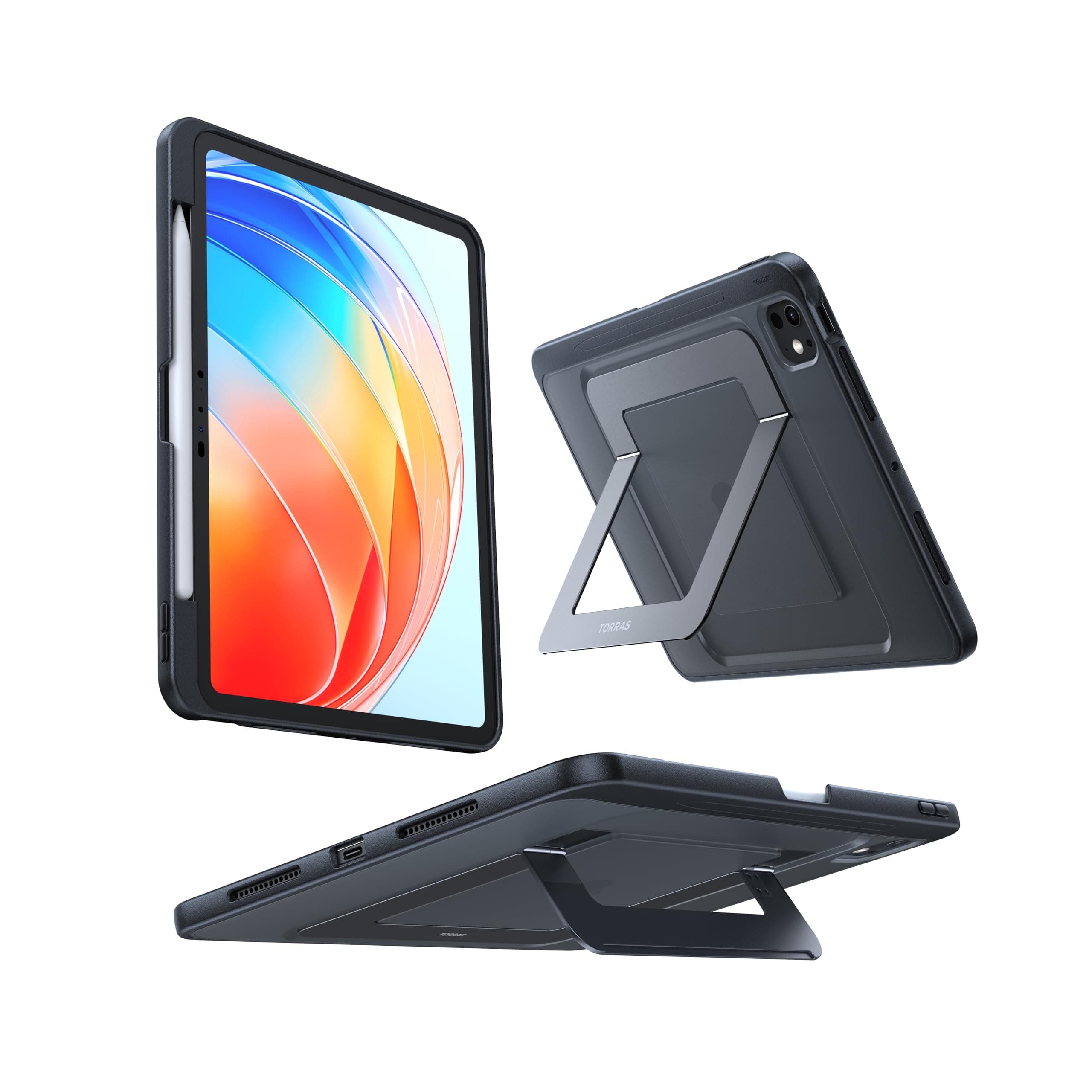 TORRAS Ostand for iPad Pro 11 inch Case 2024 (M4, 5th Gen) with Sturdy Kickstand, Slim Bend-Proof, Invisible Adjustable Portrait/Landscape Stand, Any-Angle Viewing, Supports Pencil Pro/USB-C, Black