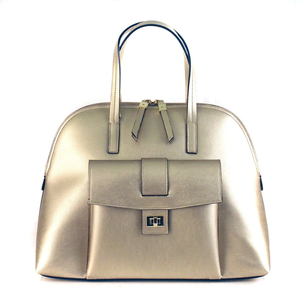 Beautiful Italian Leather Bowling Structured Design Work Daily Use Handbag (Metallic Gold)