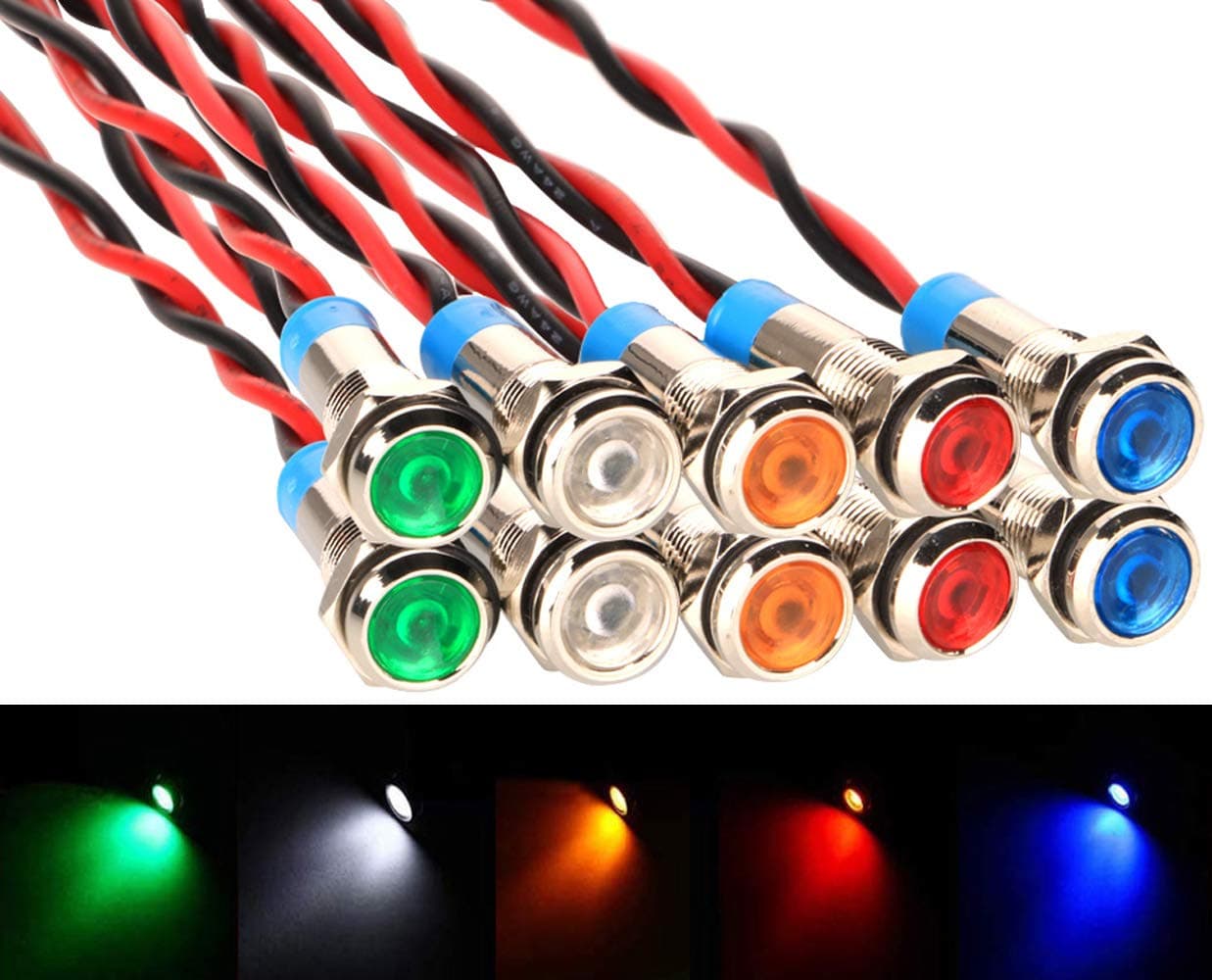 Gebildet 10pcs 6mm 1/4" AC/DC 12-24V LED Metal Indicator Light Waterproof Signal Lamp Pilot Dash Directional Car Truck Boat with Wire
