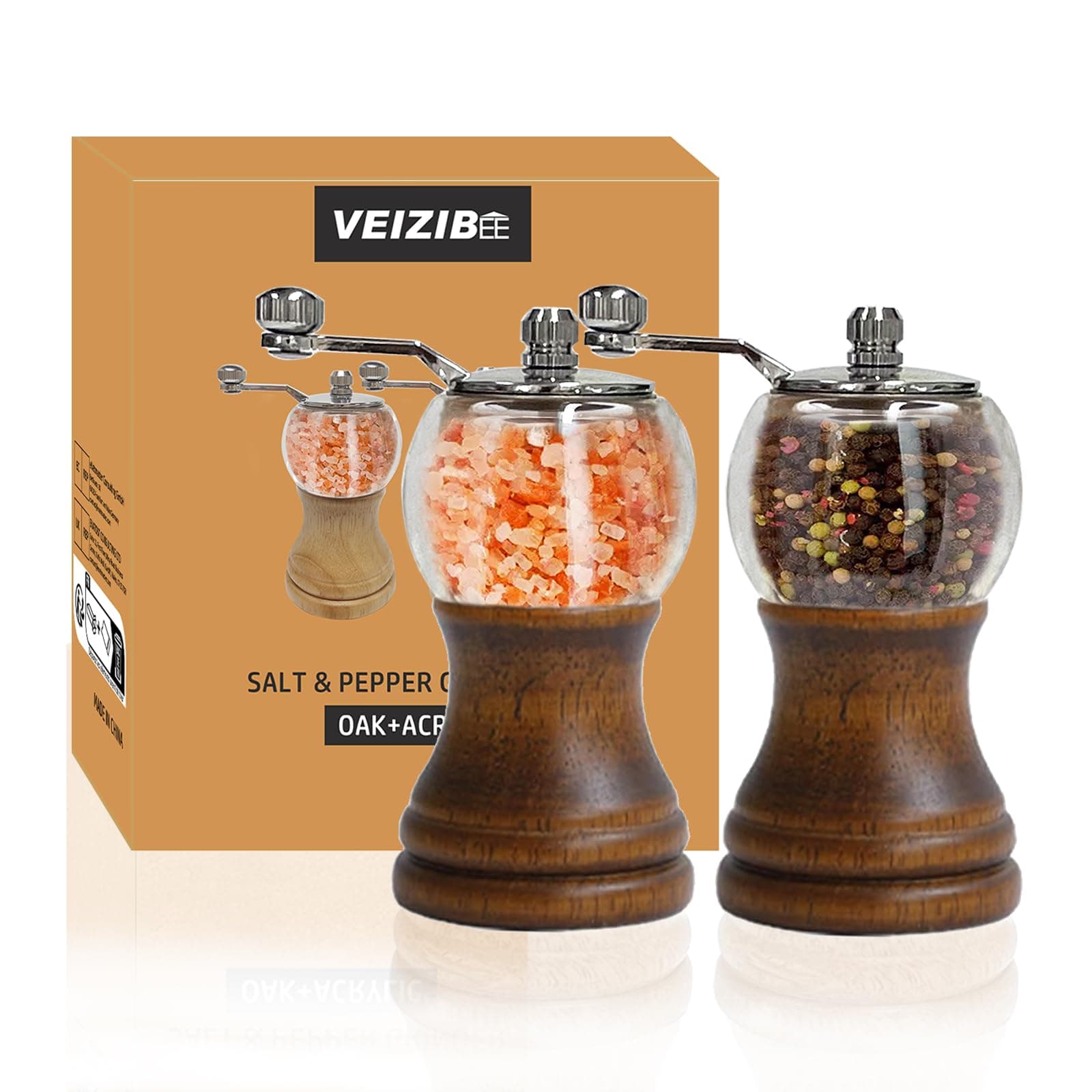 Salt and Pepper Grinder Set with Handle Crank Acrylic Manual Salt and Pepper Mills Black Pepper Spice Grinders Ceramic Core, Stainless Steel Handle, Adjustable Coarseness (Walnut 2pcs-5in)