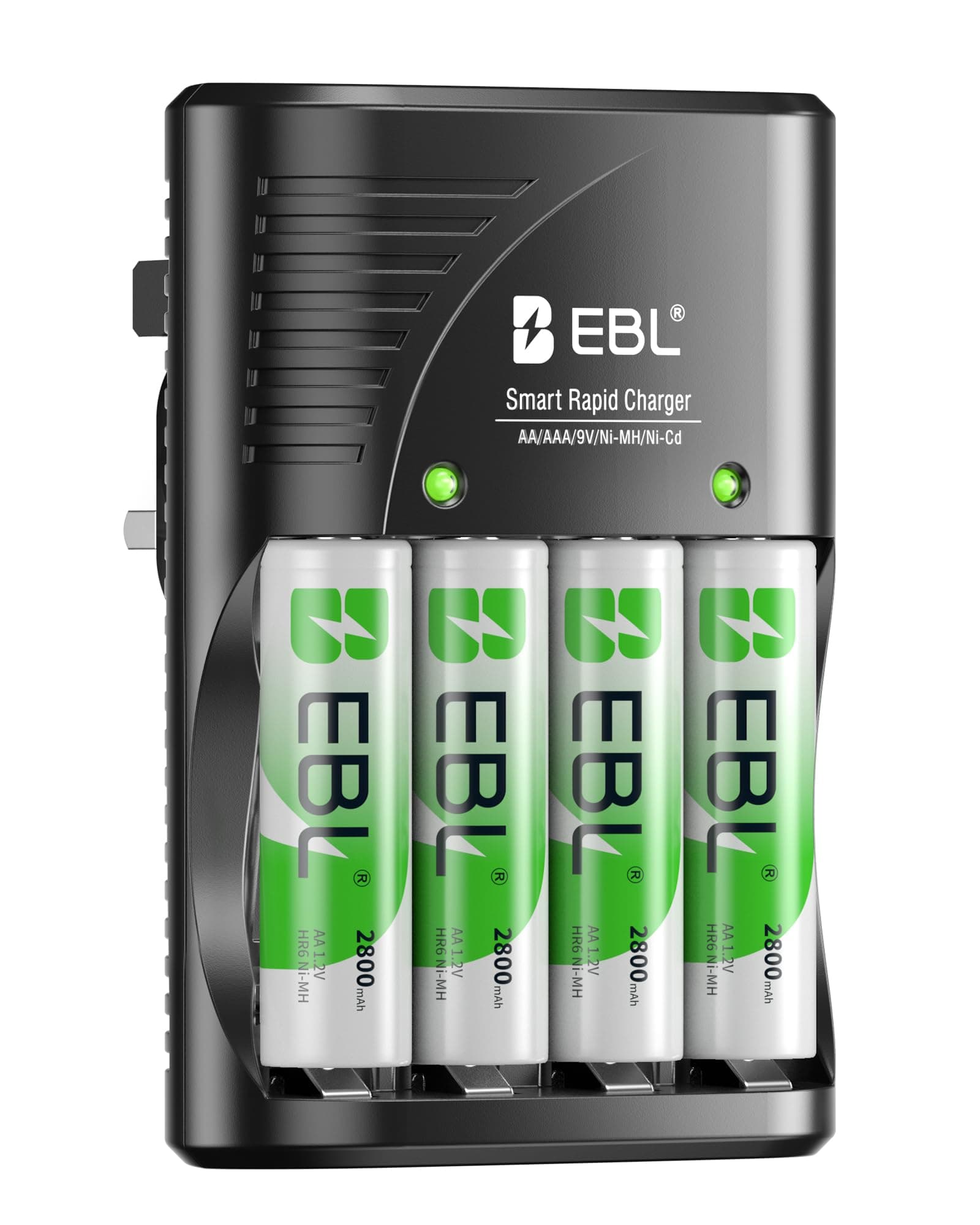 AA Rechargeable Batteries 2800mAh 4-Pack and Smart Battery Charger with AC Wall Plug for AA AAA Ni-MH Ni-CD Rechargeable Batteries and 9V Batteries
