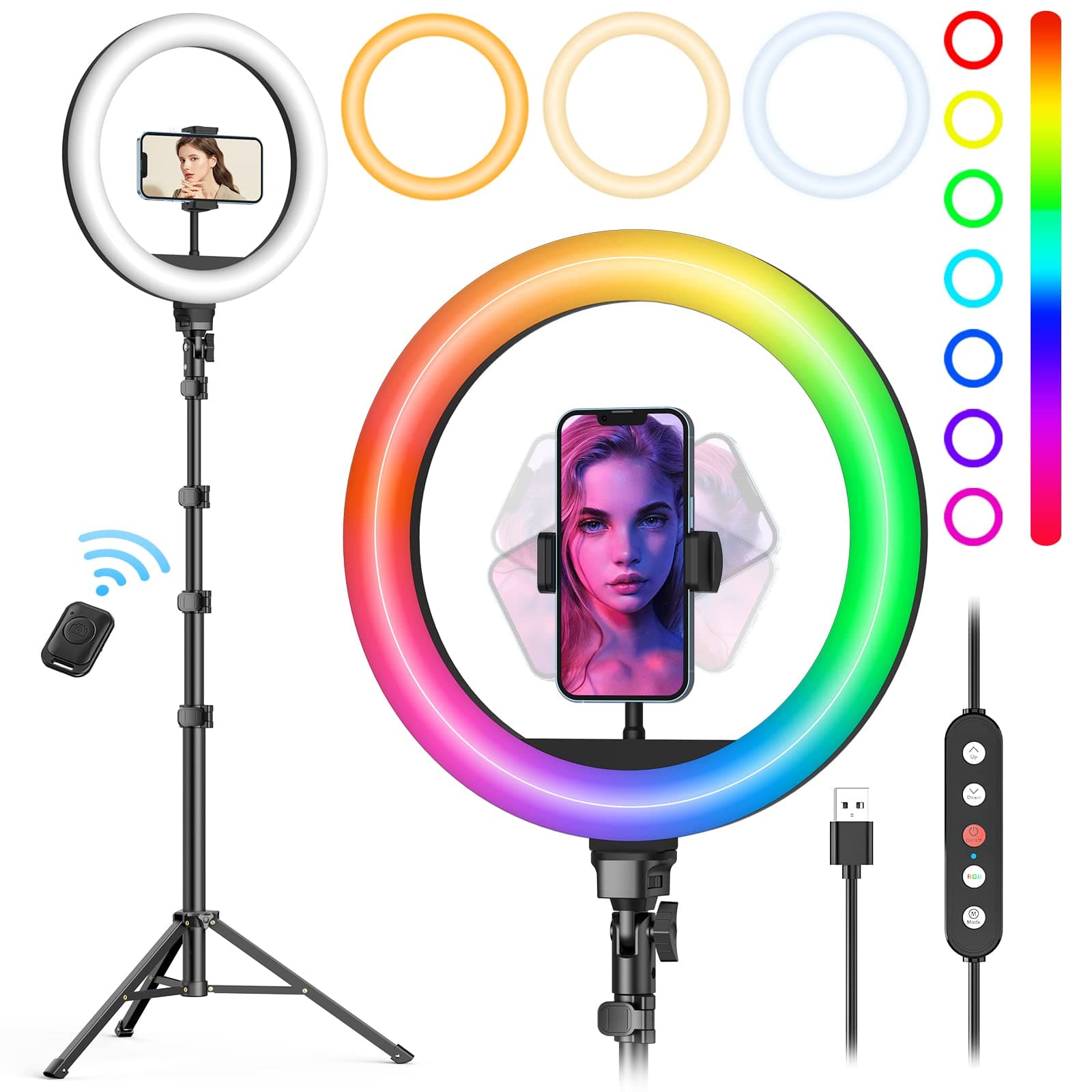 10" Selfie Ring Light with Tripod Stand, 72'' Tall & Phone Holder, 38 Color Modes, Stepless Dimmable/Speed LED Ring Light for iPhone & Android,YouTube, Makeup,TIK Tok