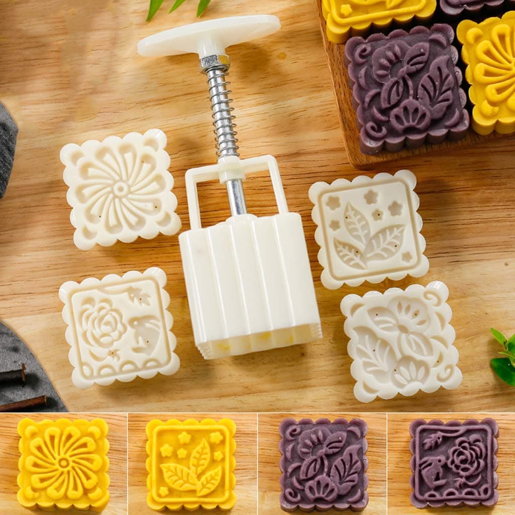 Fullive 75G Mooncake Mold,Square Hand Press Mooncake Mold DIY Baking Mold with 4 Random Stamps