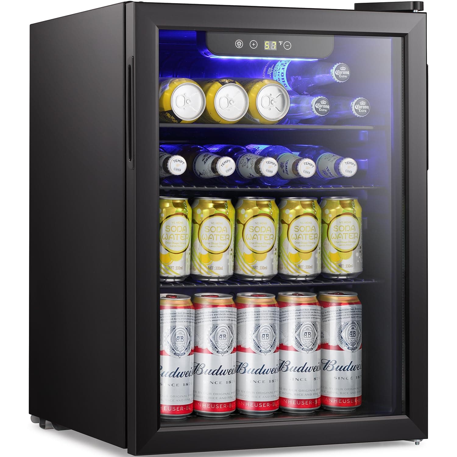 - Beverage Refrigerator Cooler-85 Can Mini Fridge Glass Door for Soda Beer Wine Stainless Steel Glass Door Small Drink Dispenser Digital Display for Home, Office Bar,2.4cu.ft