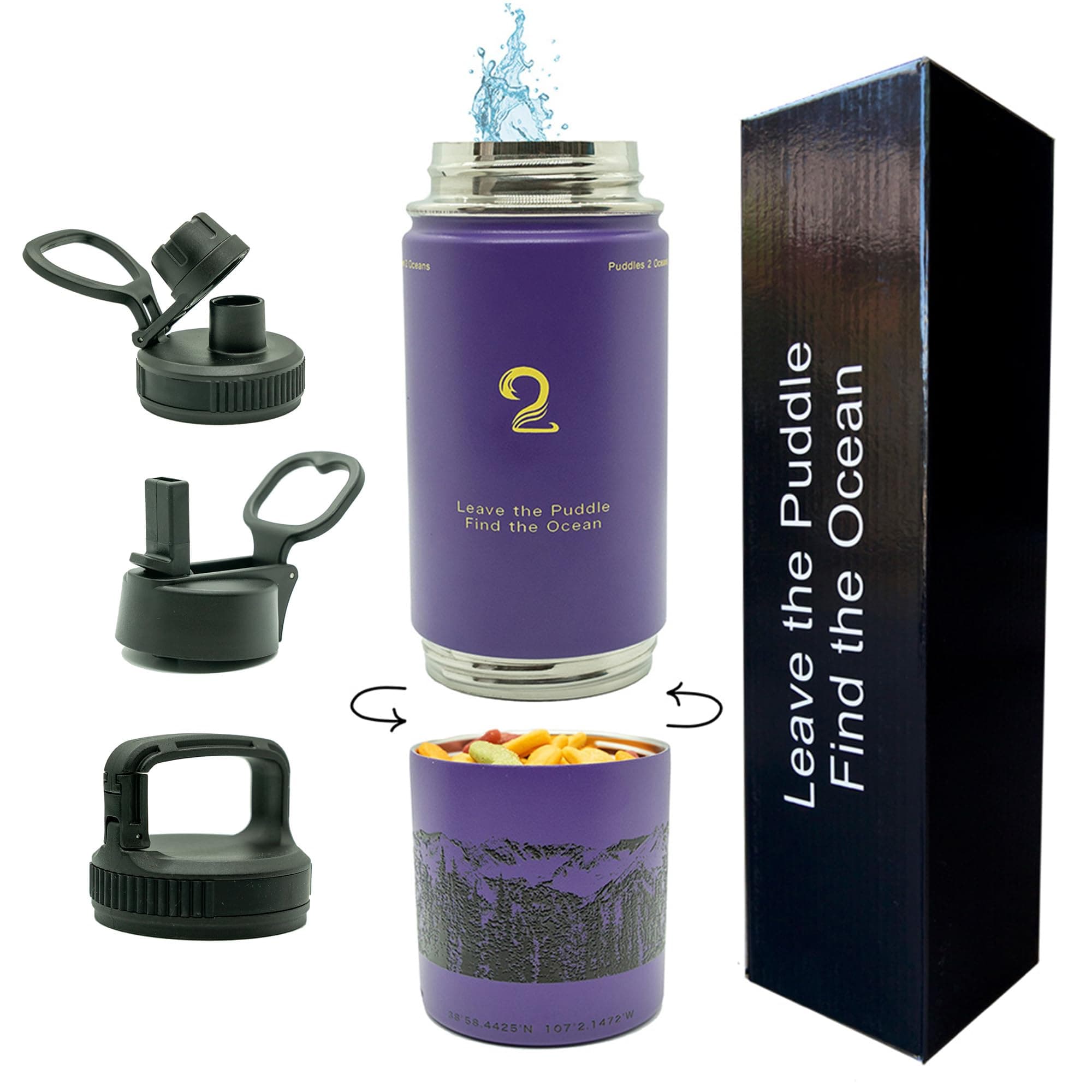 Stainless Steel Water Bottles, Coldest Water Bottle, Stackable Snack Containers for Kids, Insulated Water Bottle, Water Bottle with Snack Compartment, Sip N Seek (Purple)