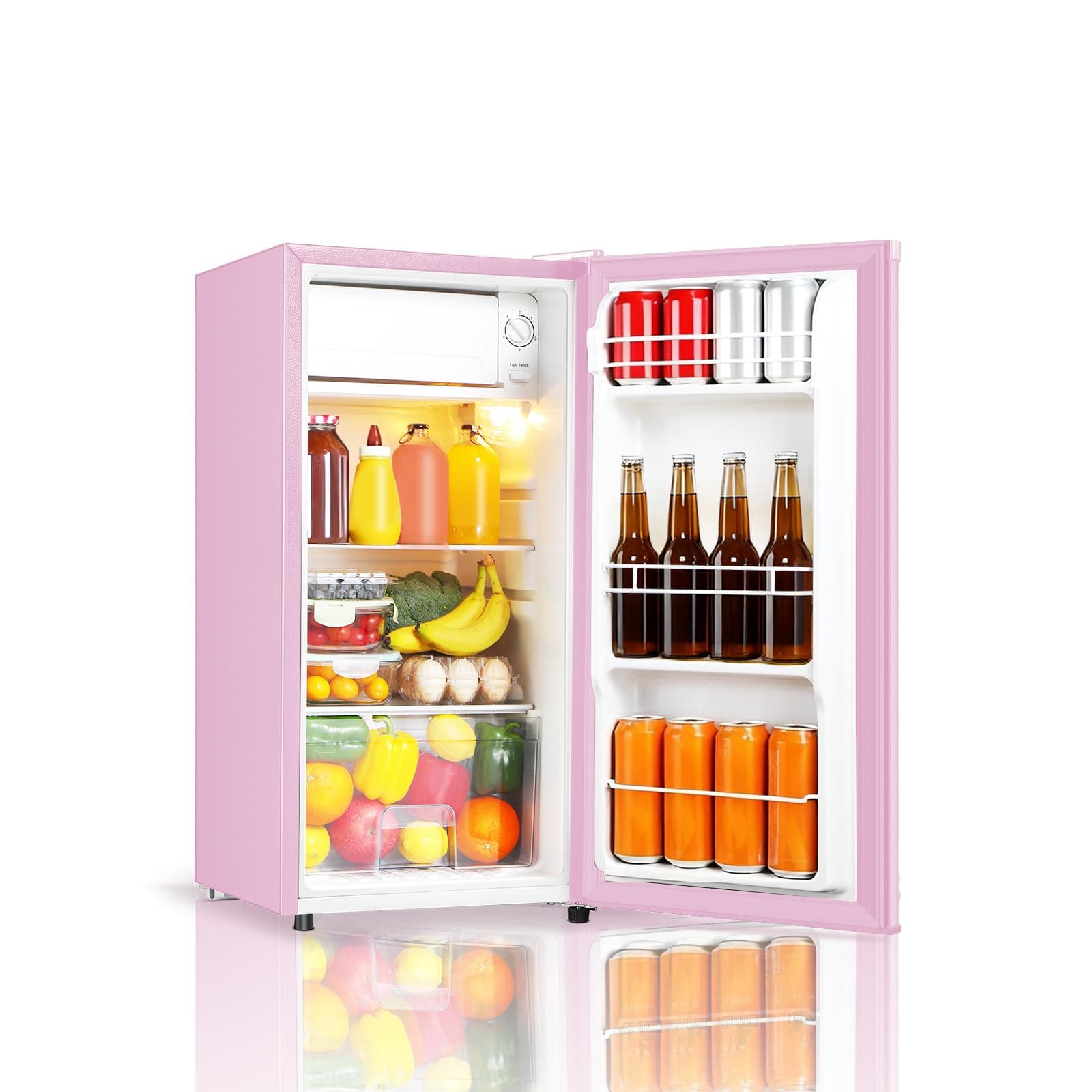 Seaoola Mini Fridge with Freezer, Single Door 3.1 Cu.Ft, Compact Mini Refrigerator, LED Light, Adjustable Thermostat, Removable Glass Shelves, Small Refrigerator for Dorm/Office/Bedroom(Pink)