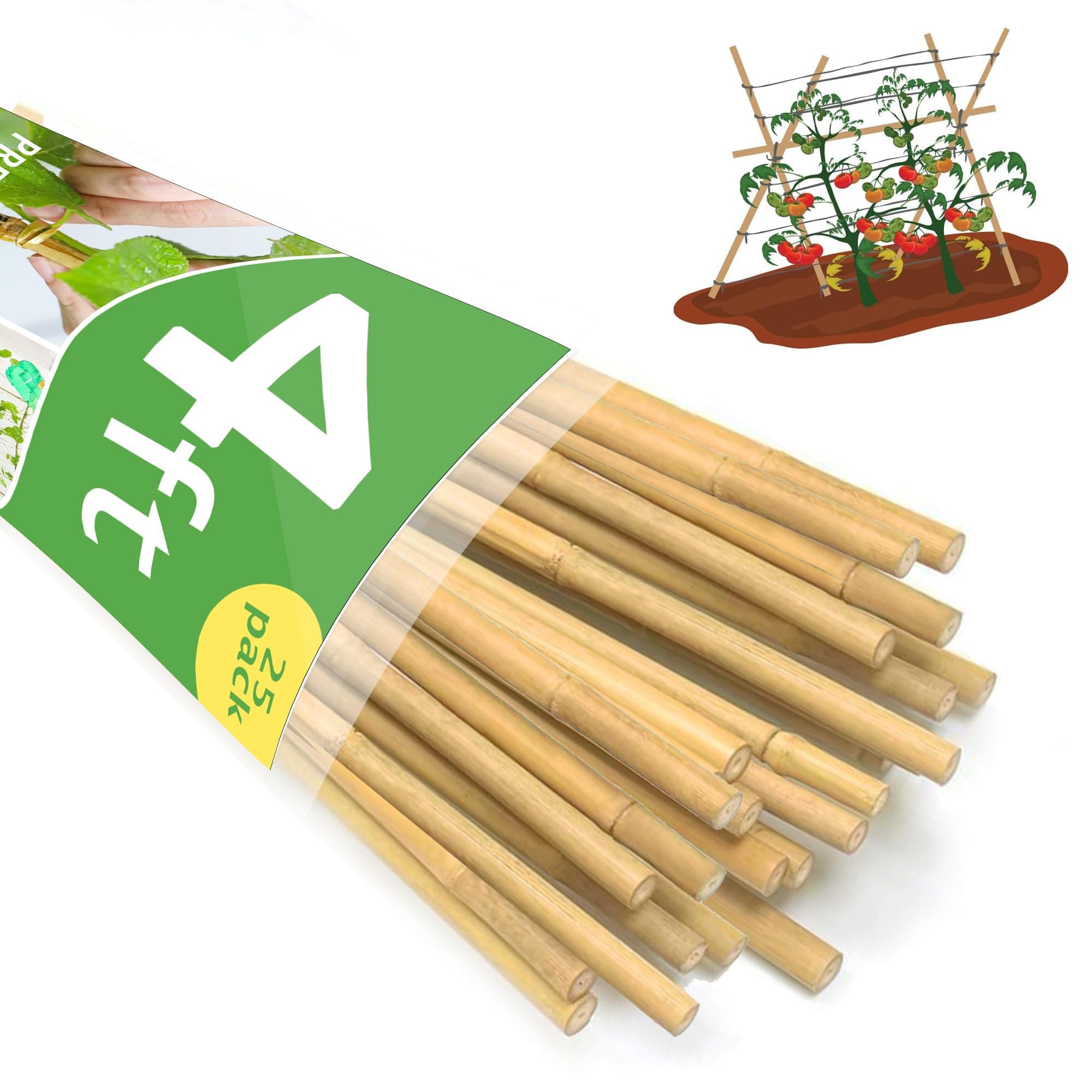 Garden Stakes 4ft, Natural Bamboo Stakes 4 Feet, Thicker Sturdy Plant Stakes 25 Pack for Tomatoes, Beans, Flowers, Potted and More Climbing Plants