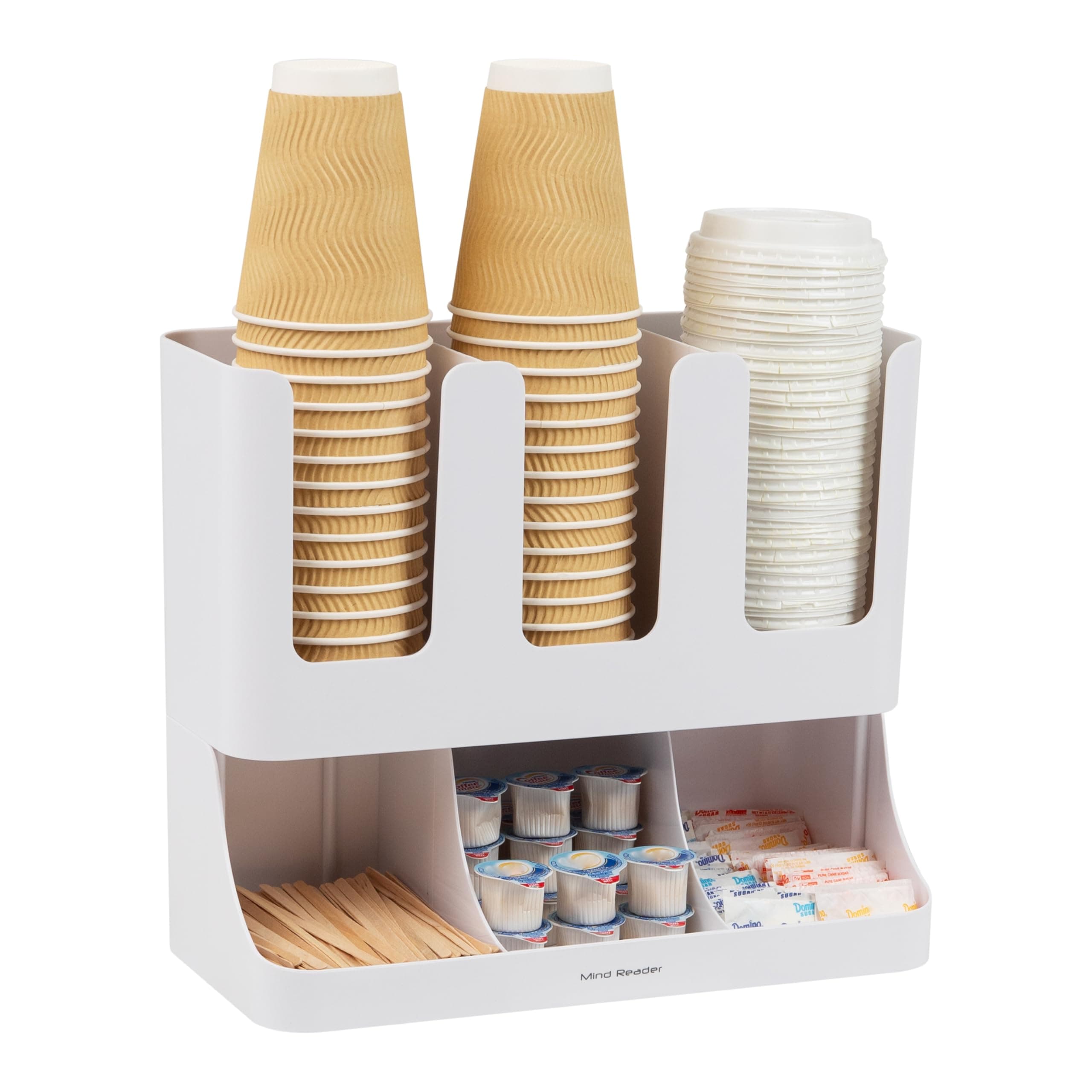 Mind Reader Cup and Condiment Station, Countertop Organizer, Coffee Bar Kitchen, Stirrers, 13" L x 6.4" W x 11.5" H, White