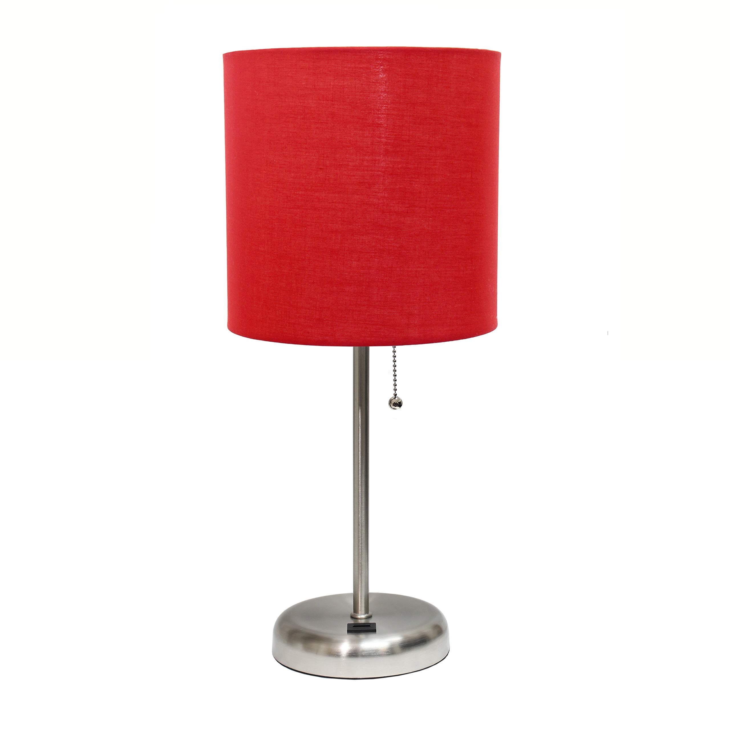LT2044-RED Brushed Steel Stick Table Desk Lamp with USB Charging Port and Drum Fabric Shade, Red Shade