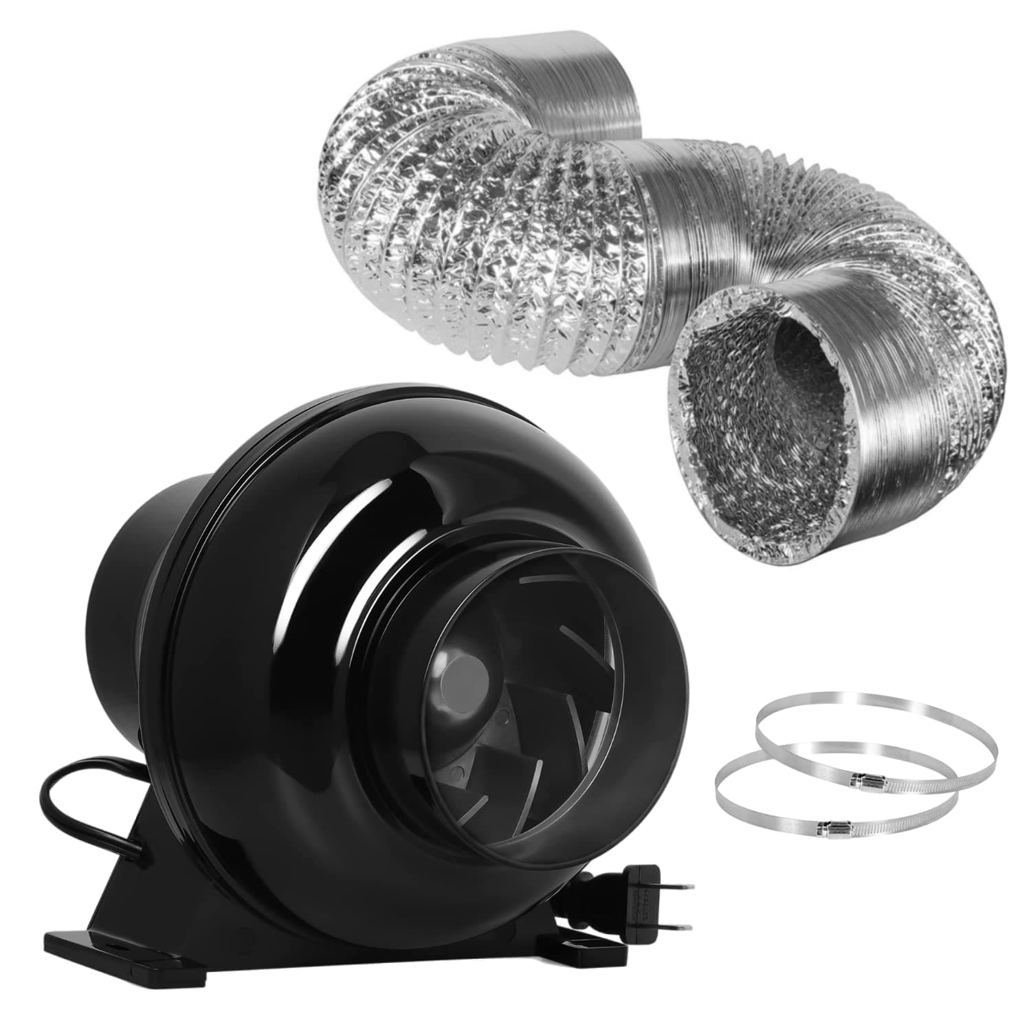 iPower 4 Inch 195 CFM Inline Ventilation Fan Quiet Vent Blower with 25 Feet Non-Insulated Flex Aluminum Ducting for Grow Tent Air Circulation, 2 Clamps Included